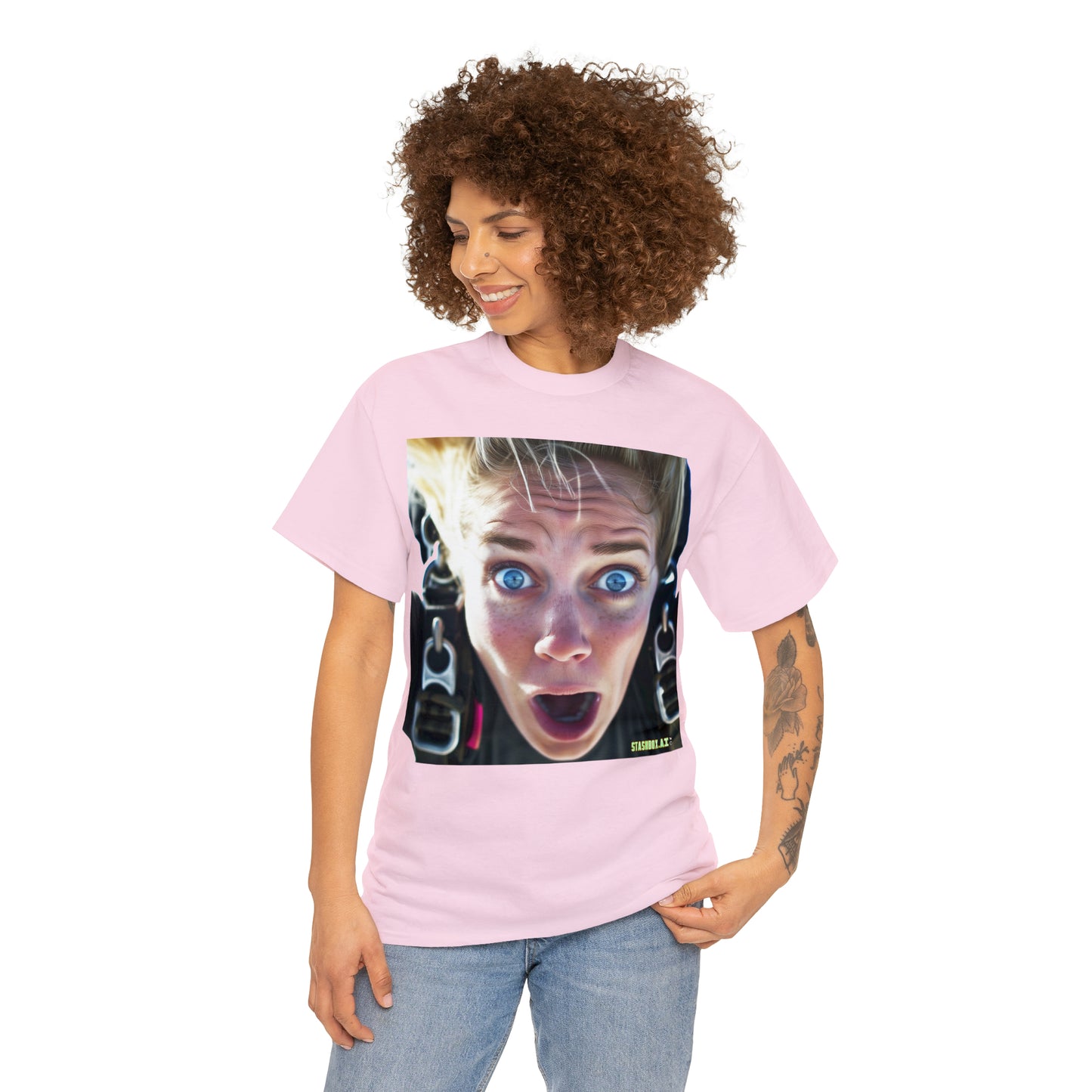 Unisex Adult Size Heavy Cotton Tshirt Beautiful Girl Mid-Skydiving terrified face - 023
