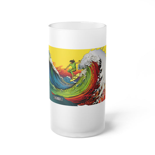 Experience the magic of a mid-air surfer in our Mixed Media Surfer Frosted Glass Beer Mug, Design #063. Your glassware, your ticket to psychedelic beach dreams, exclusively at Stashbox.ai.