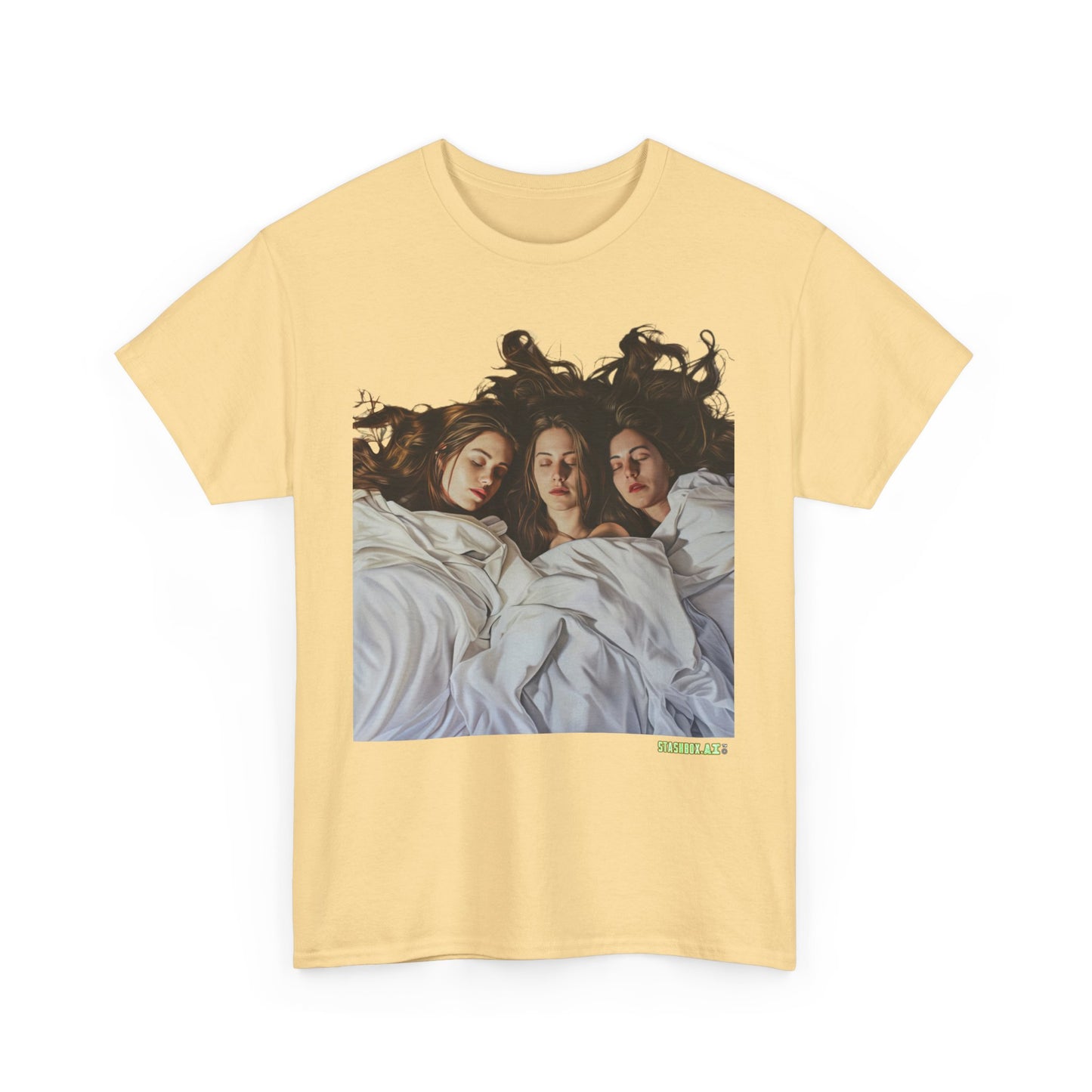 Unisex Heavy Cotton T-Shirt Three Beautiful Woman Sleeping in Bed 0017