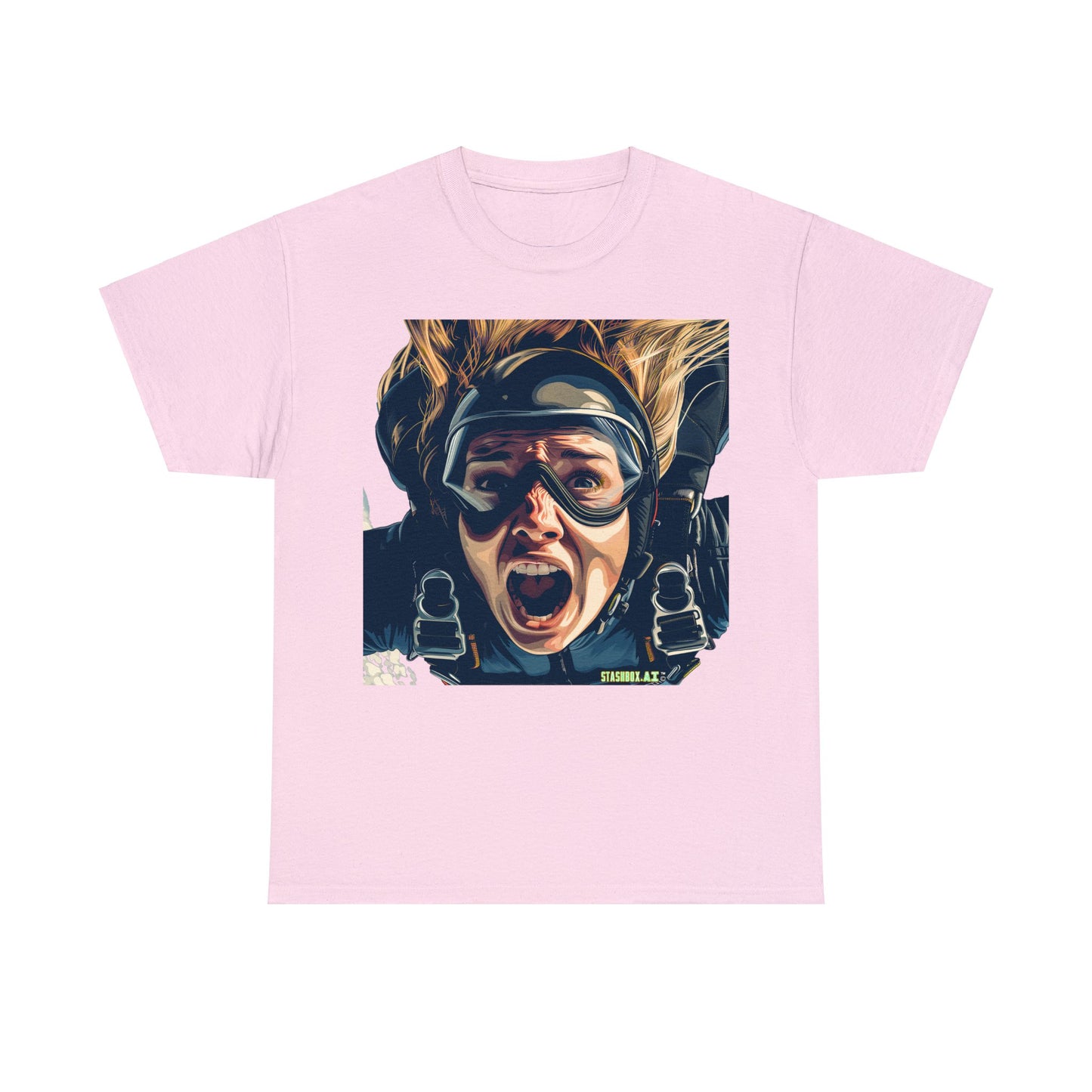 Unisex Adult Size Heavy Cotton Tshirt Beautiful Girl Mid-Skydiving terrified face - 023