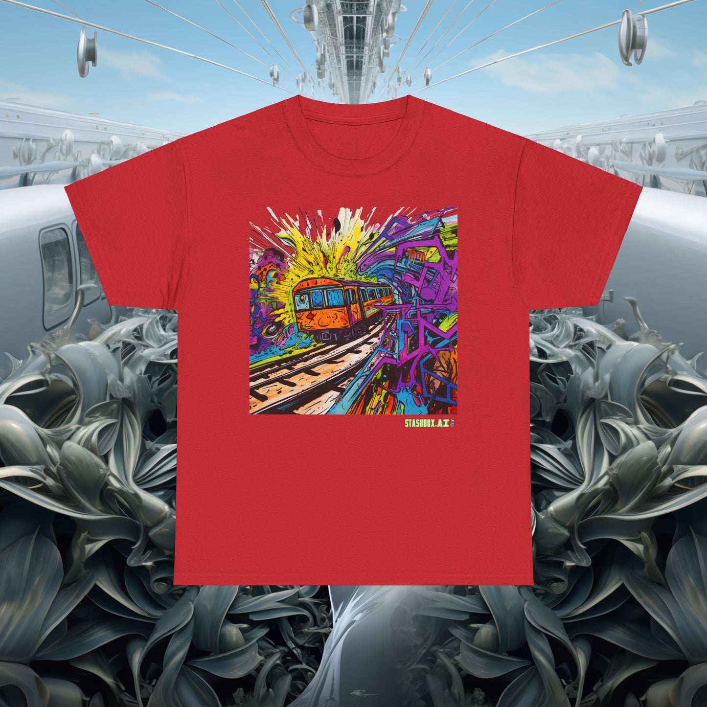 Insane Vibrant Color Train Roaring Down Track -  Unisex Heavy Cotton Tee - Stashbox Train Design 018