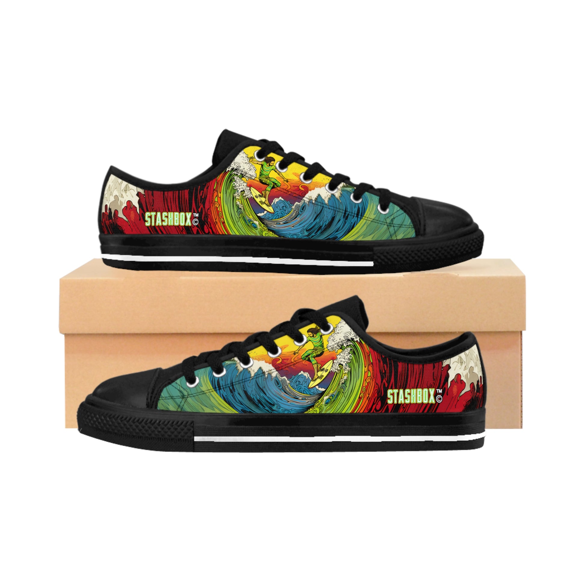 Dive into style with our Surfing Wave Green Yellow Red Custom Men's Sneakers. Exclusively crafted by Stashbox.ai, these sneakers blend fashion and comfort effortlessly. Step into the wave of fashion today!