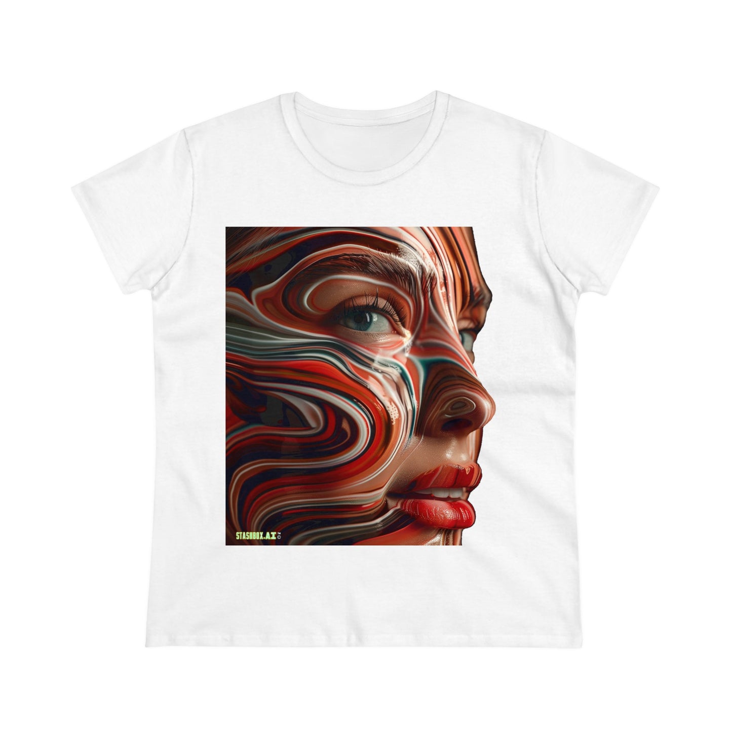 Women's Midweight Cotton Tee Pretty Model Red Swirl Face Paint 025