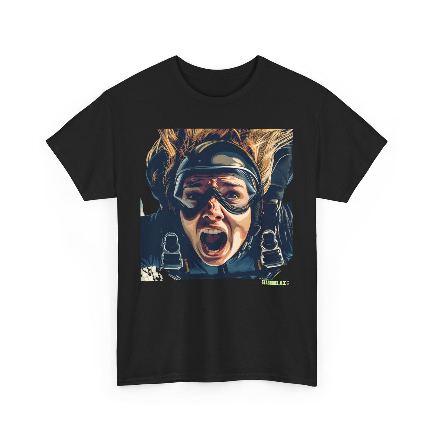 Unisex Adult Size Heavy Cotton Tshirt Beautiful Girl Mid-Skydiving terrified face - 023