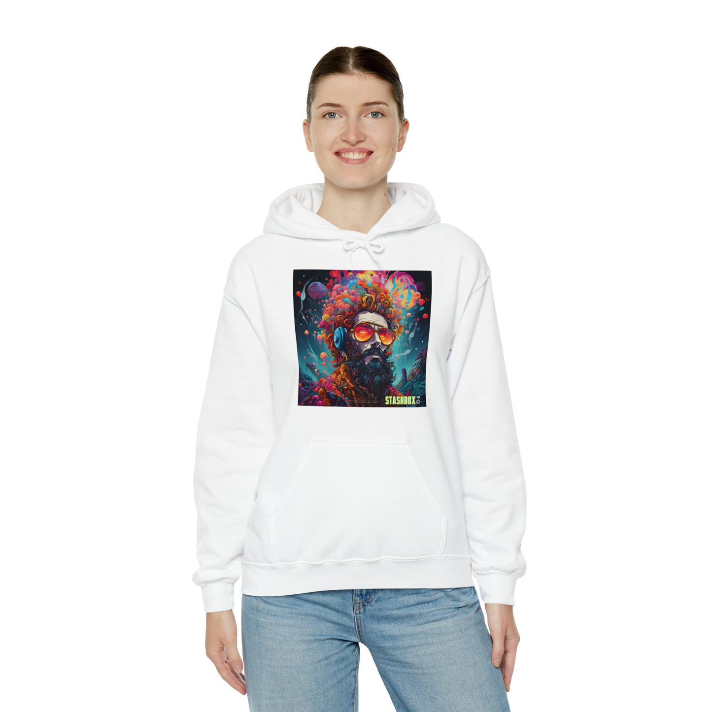 Step into the vibrant world of the Psychedelic MetaVerse with our Producer's Psychedelic Design #003 Hooded Sweatshirt. Digital creativity on fabric, exclusively at Stashbox.ai.