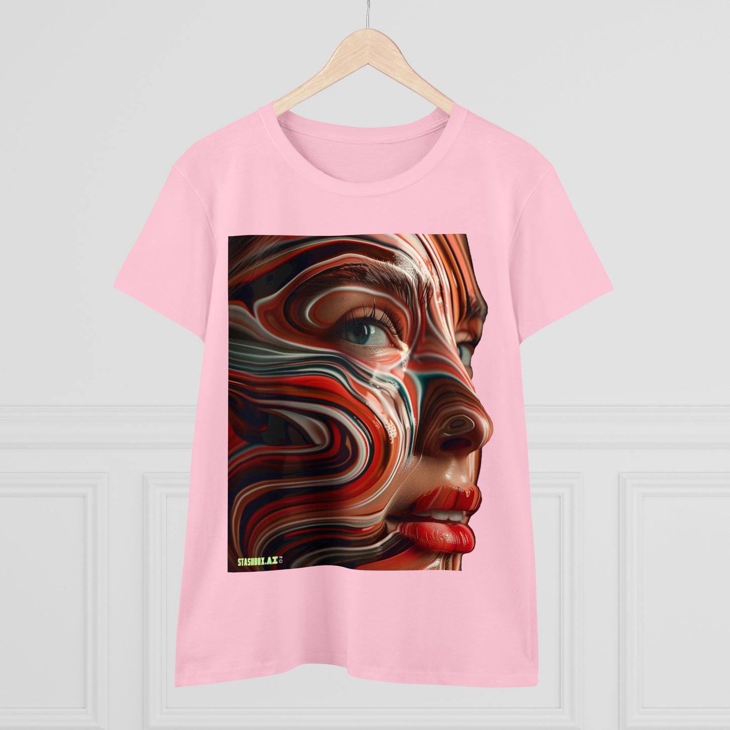 Women's Midweight Cotton Tee Pretty Model Red Swirl Face Paint 025