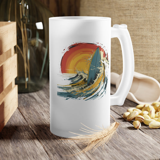 Surf the waves with our Colorful Surfboard & Wave Frosted Glass Beer Mug. Waves Design #036. Your drink, your surf, exclusively at Stashbox.ai.