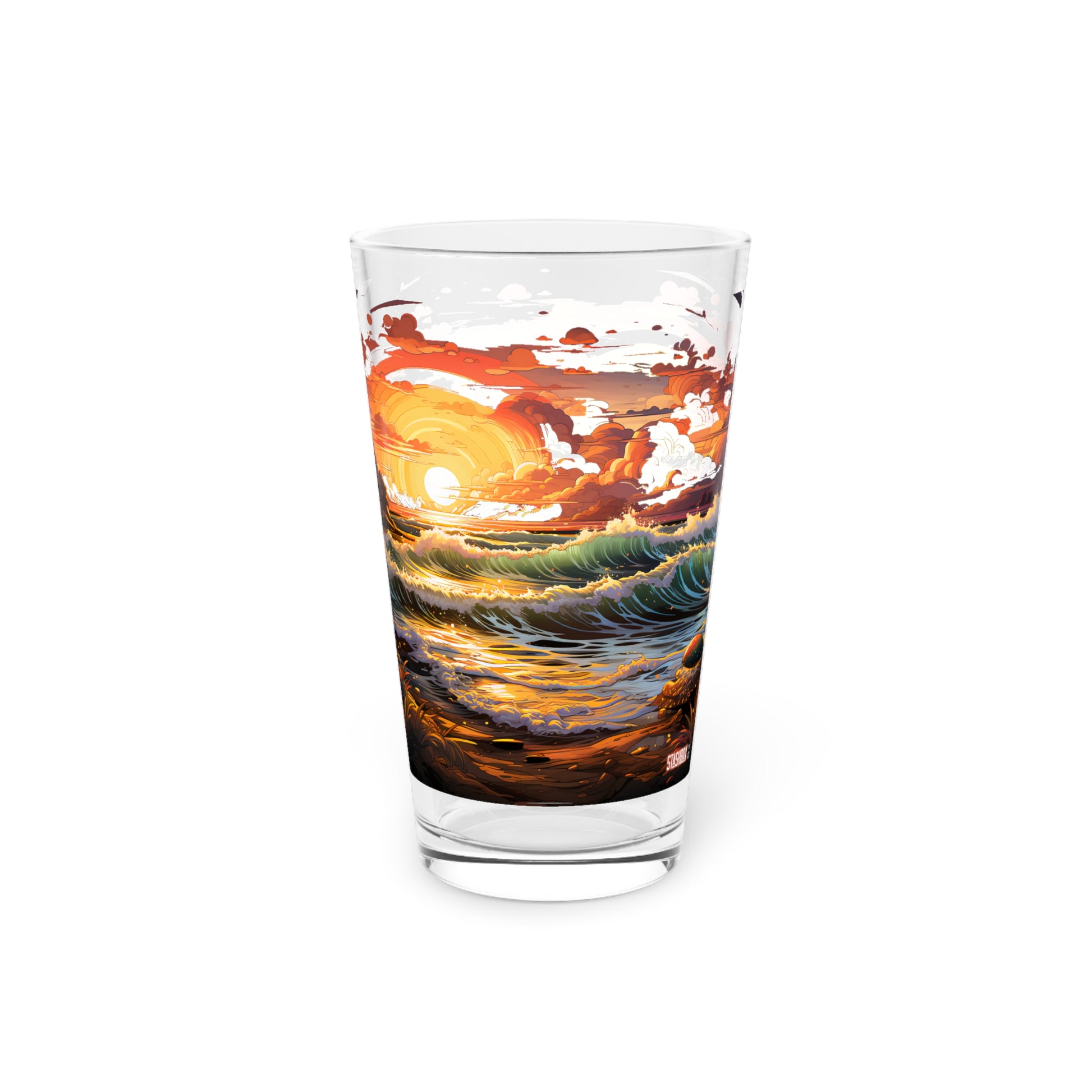 "Dive into a world of whimsy with our Cartoon Fantasy Beach Waves Pint Glass, 16oz - Waves Design #054. Perfect for those who love playful designs and the calming essence of the ocean. Exclusively available at Stashbox.ai