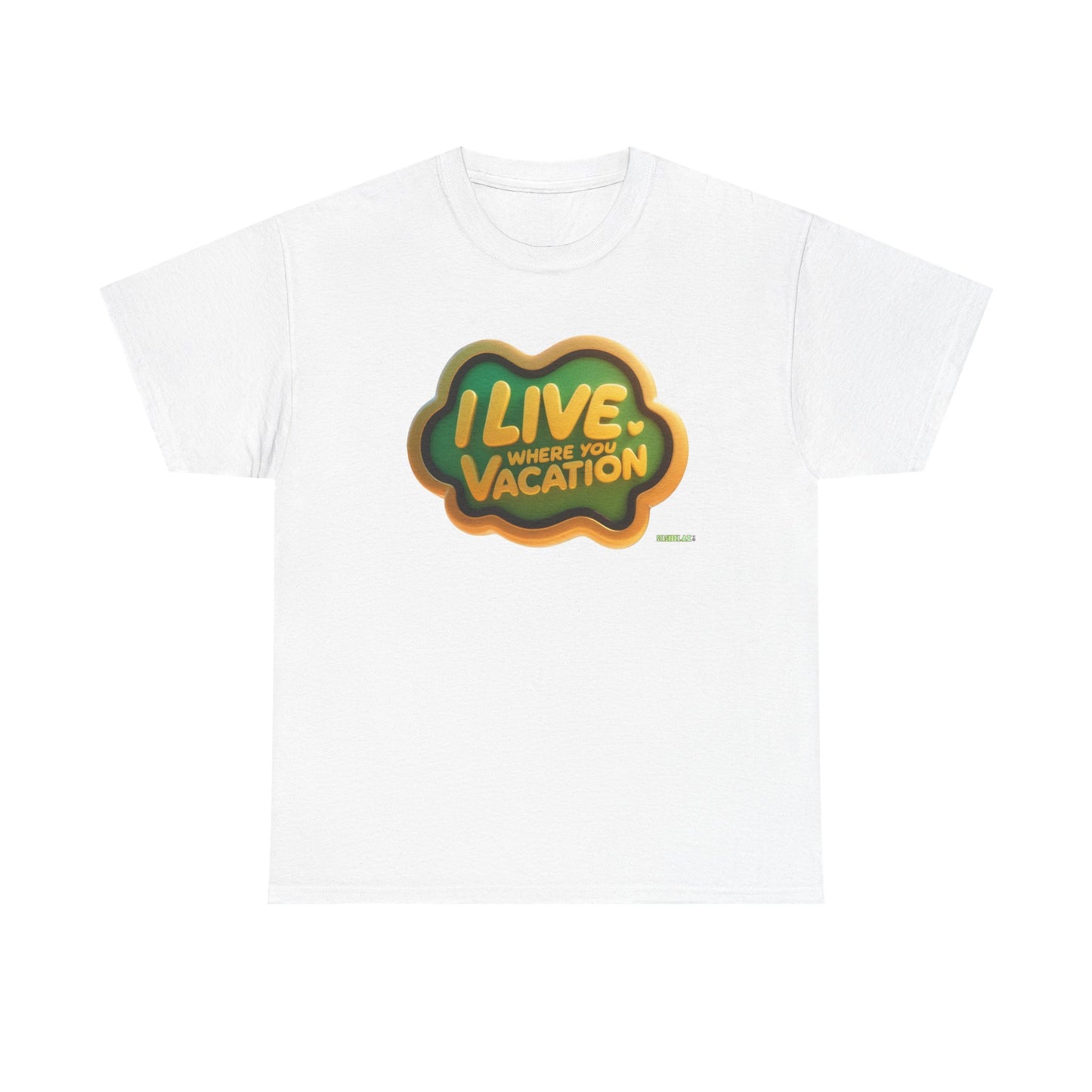 Vacation Vibes Unisex Heavy Cotton Tee - "I Live Where You Vacation" Green & Yellow