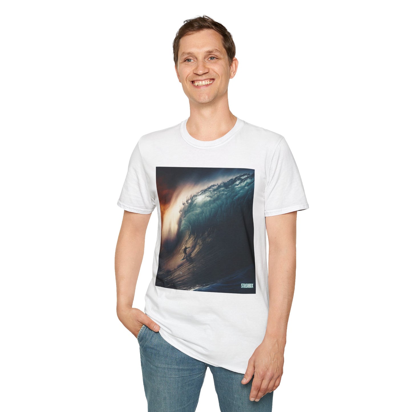 Unisex Softstyle T-Shirt Surfing Huge Wave  2 Designs on 1 48ab