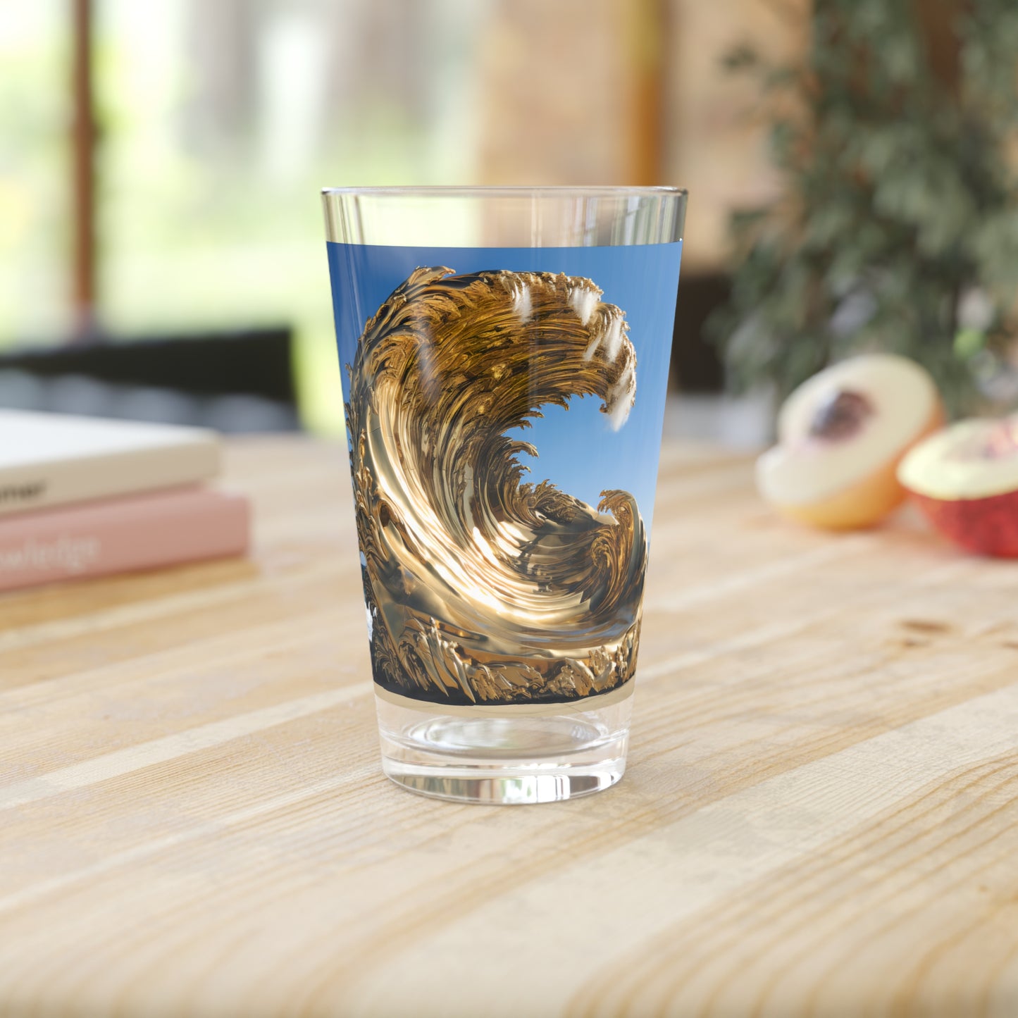 Pint Glass, 16oz Golden Wave Statue 026