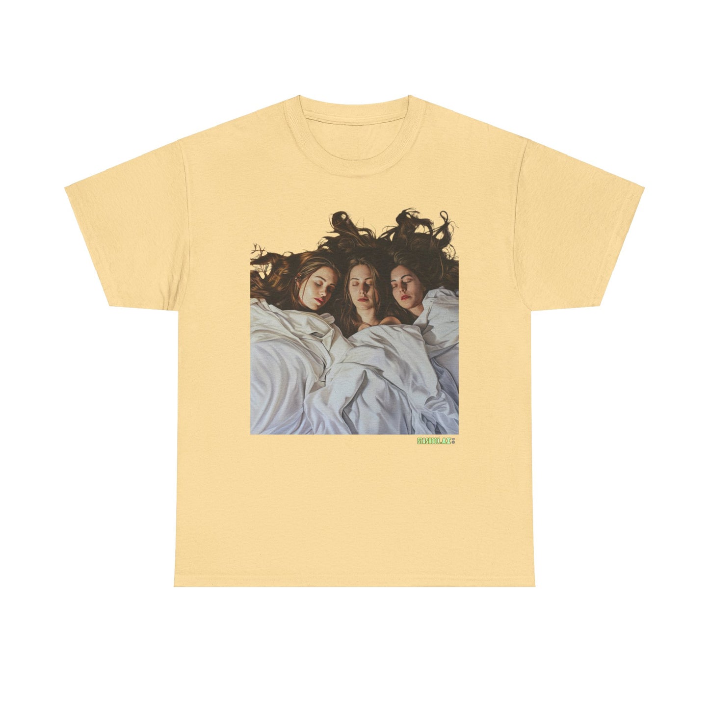 Unisex Heavy Cotton T-Shirt Three Beautiful Woman Sleeping in Bed 0017