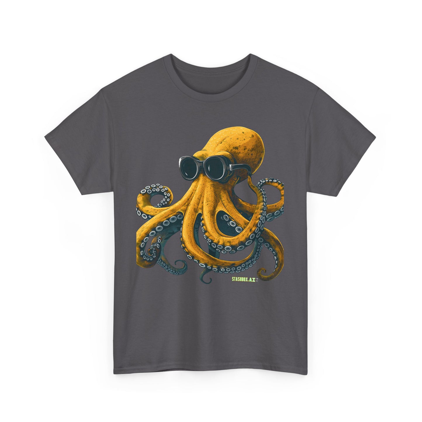 Unisex Adult Size Heavy Cotton Tshirt Drawn Yellow Octopus 001