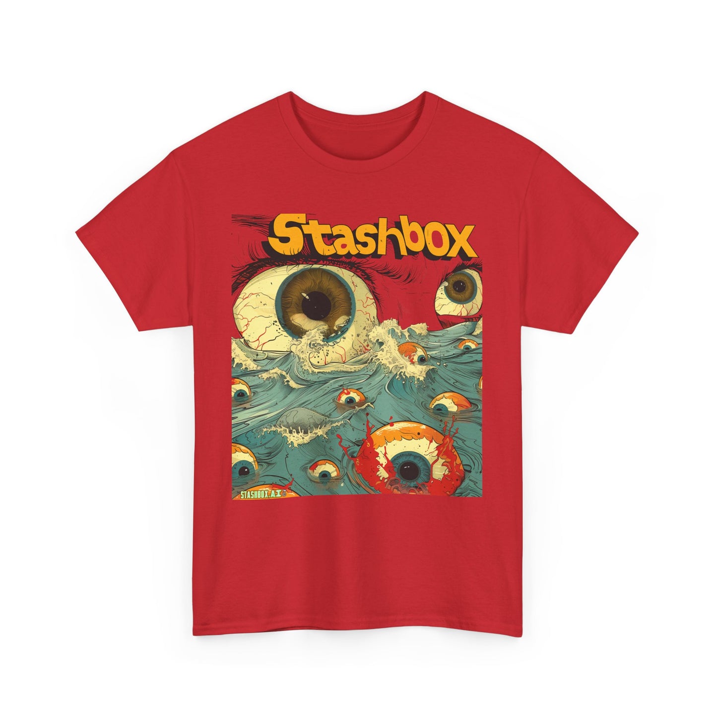 Unisex Heavy Cotton Tee Stashbox Eyeballs in Ocean Waves Design 002