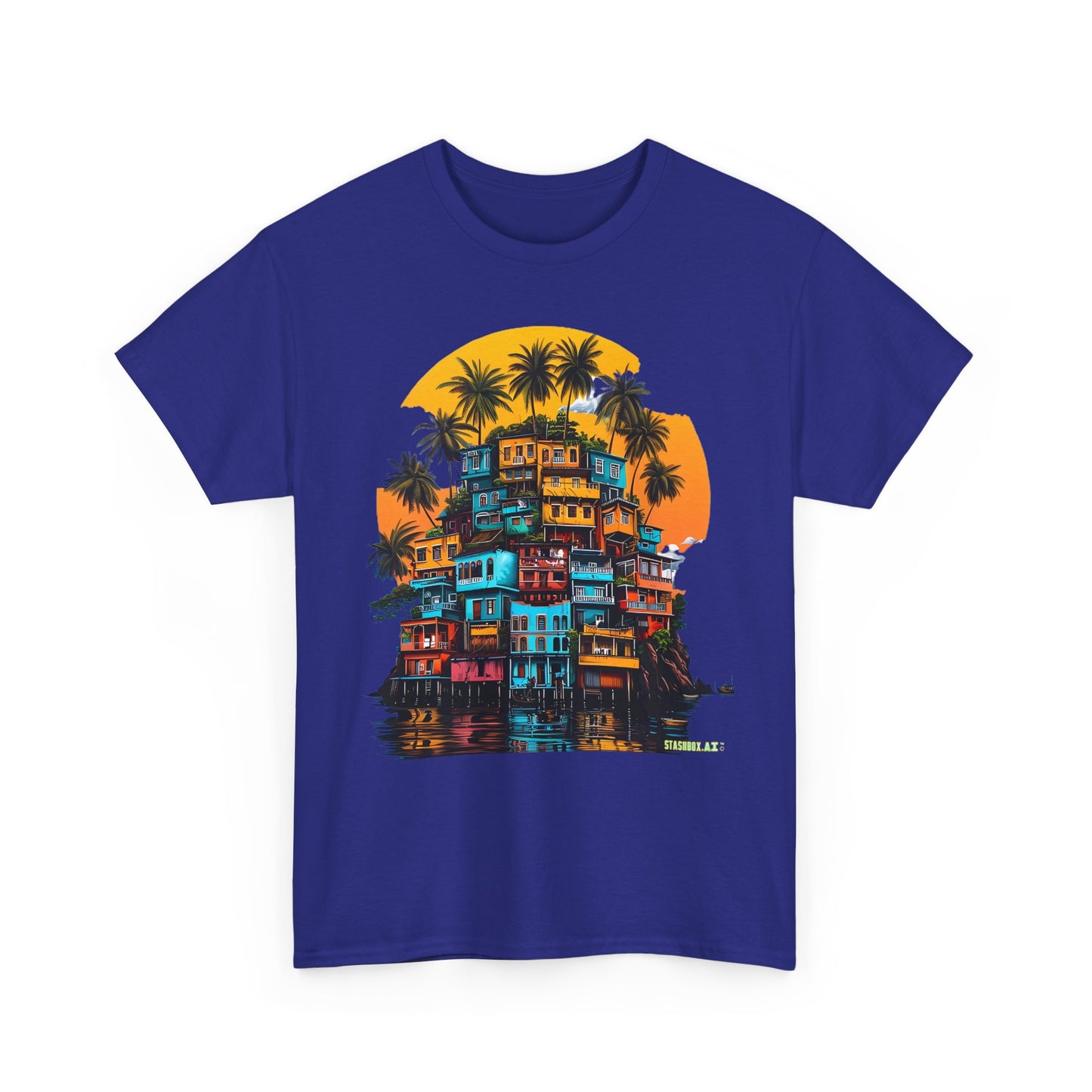 Favella Art Heavy Cotton Tshirt Stacked Buildings Palm Trees Giant Sun 001