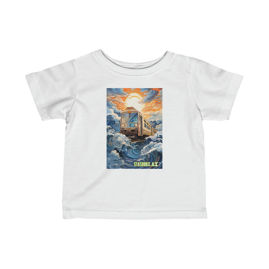 Infant Fine Jersey Tshirt Train plowing through Big Blue Waves and Sunny Bright Cartoon Sky 015