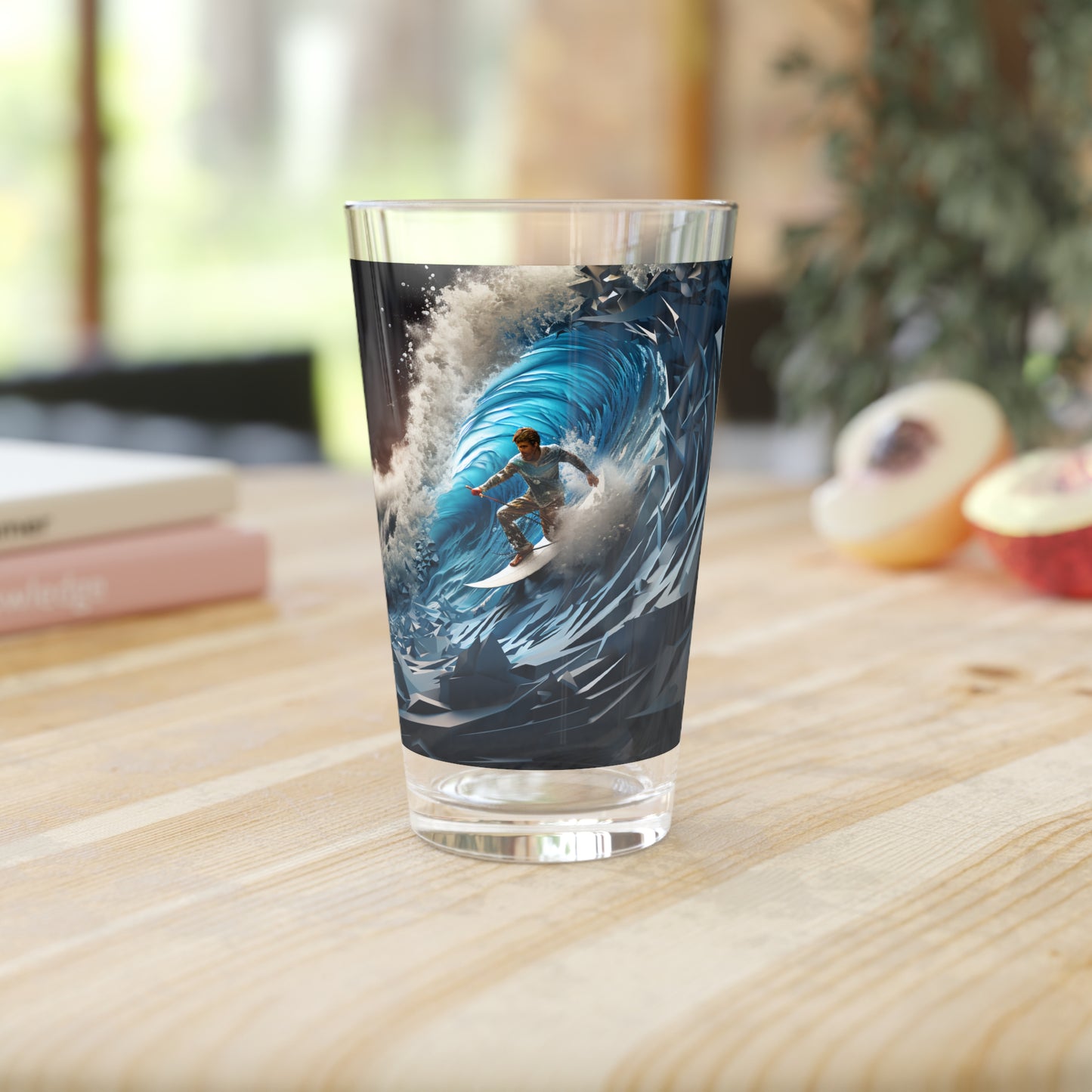 Pint Glass, 16oz Isometric Futuristic Surfing Wave 025