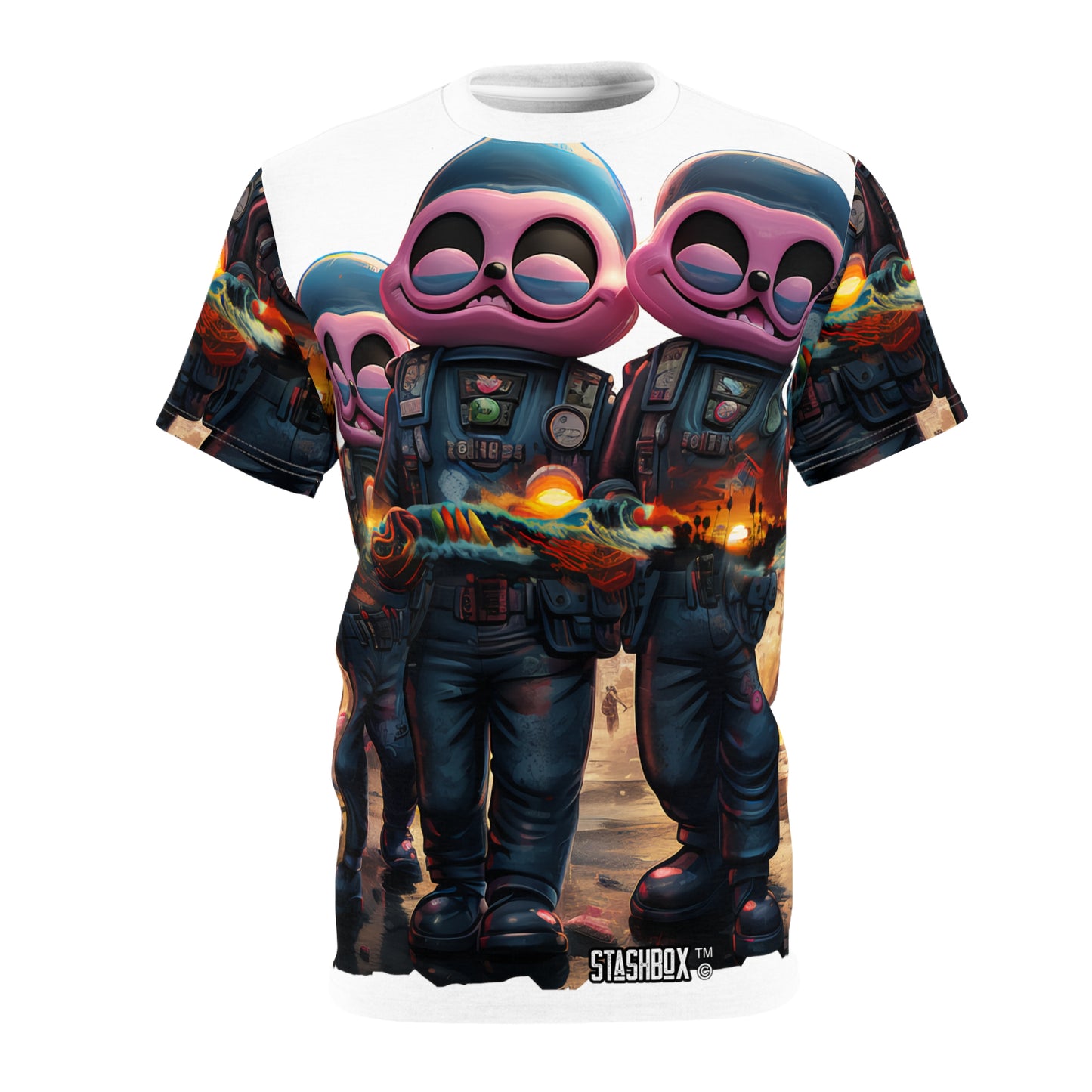 Pink City Aliens Holding Tropical Dreams -Unisex Cut & Sew Tee (AOP) - Psychedelic Design #001