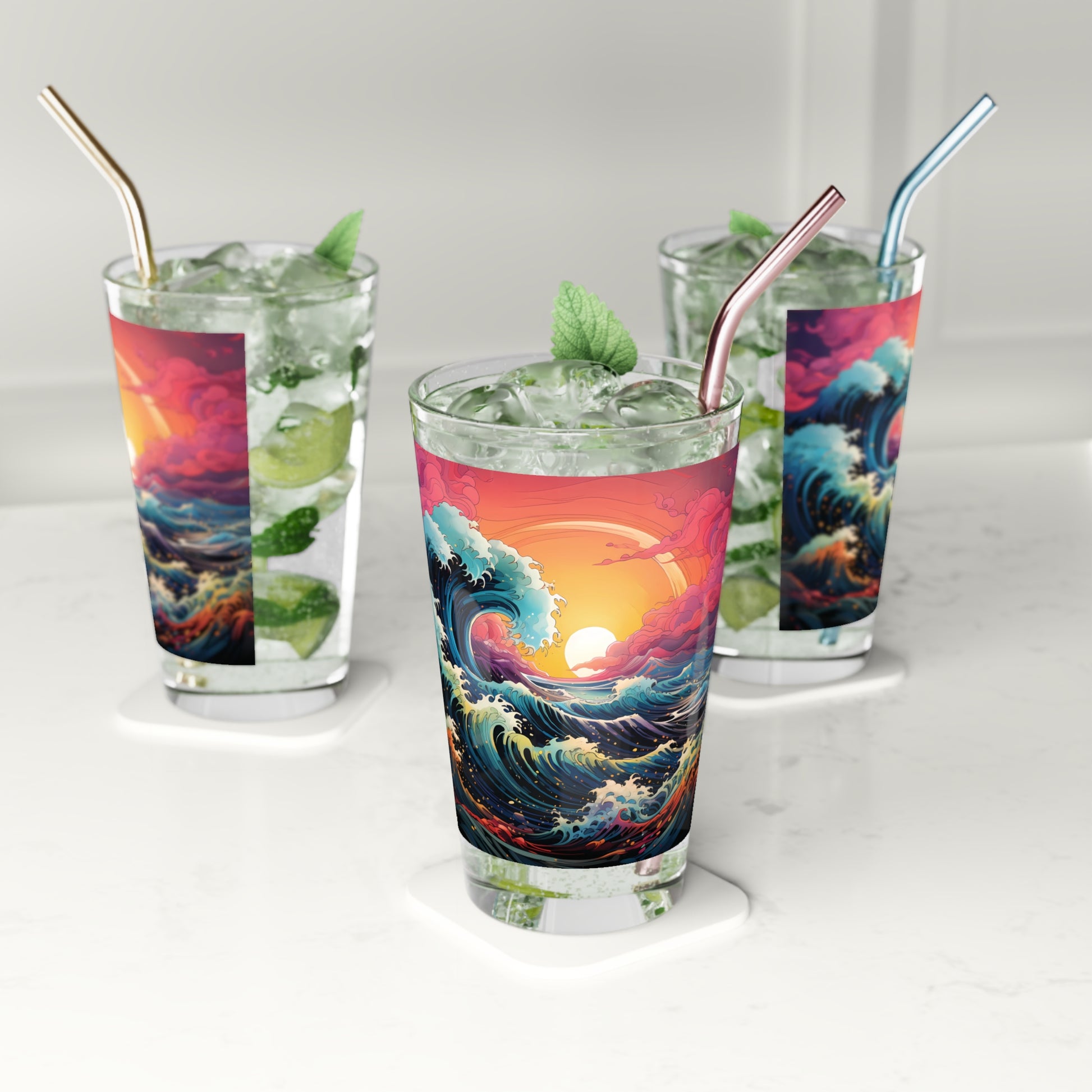 Savor the serenity of waves with our Colorful Waves Pint Glass, 16oz. Waves Design #010. Your sip, your sanctuary, curated by Stashbox.ai.