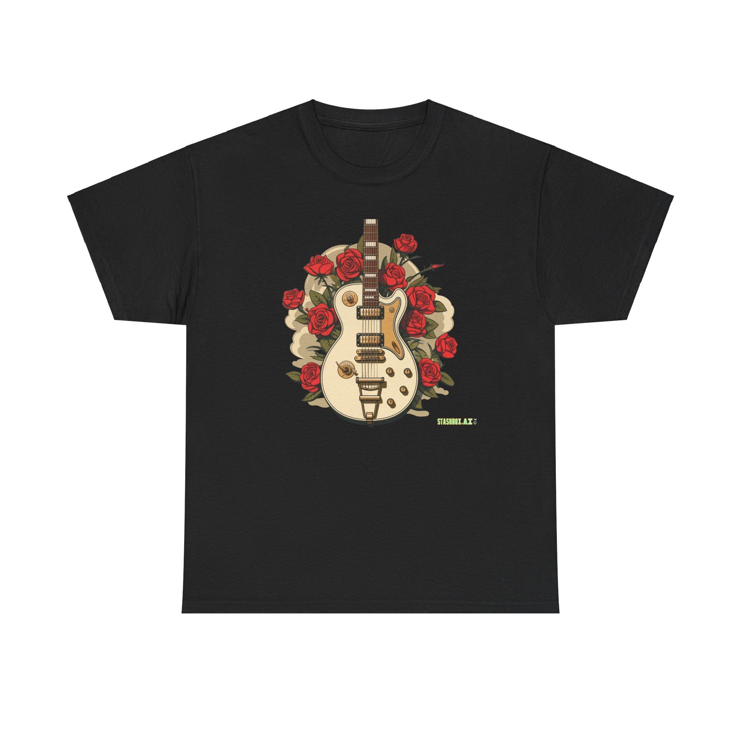 Unisex Heavy Cotton Tshirt Stylish Roses and Guitar 003