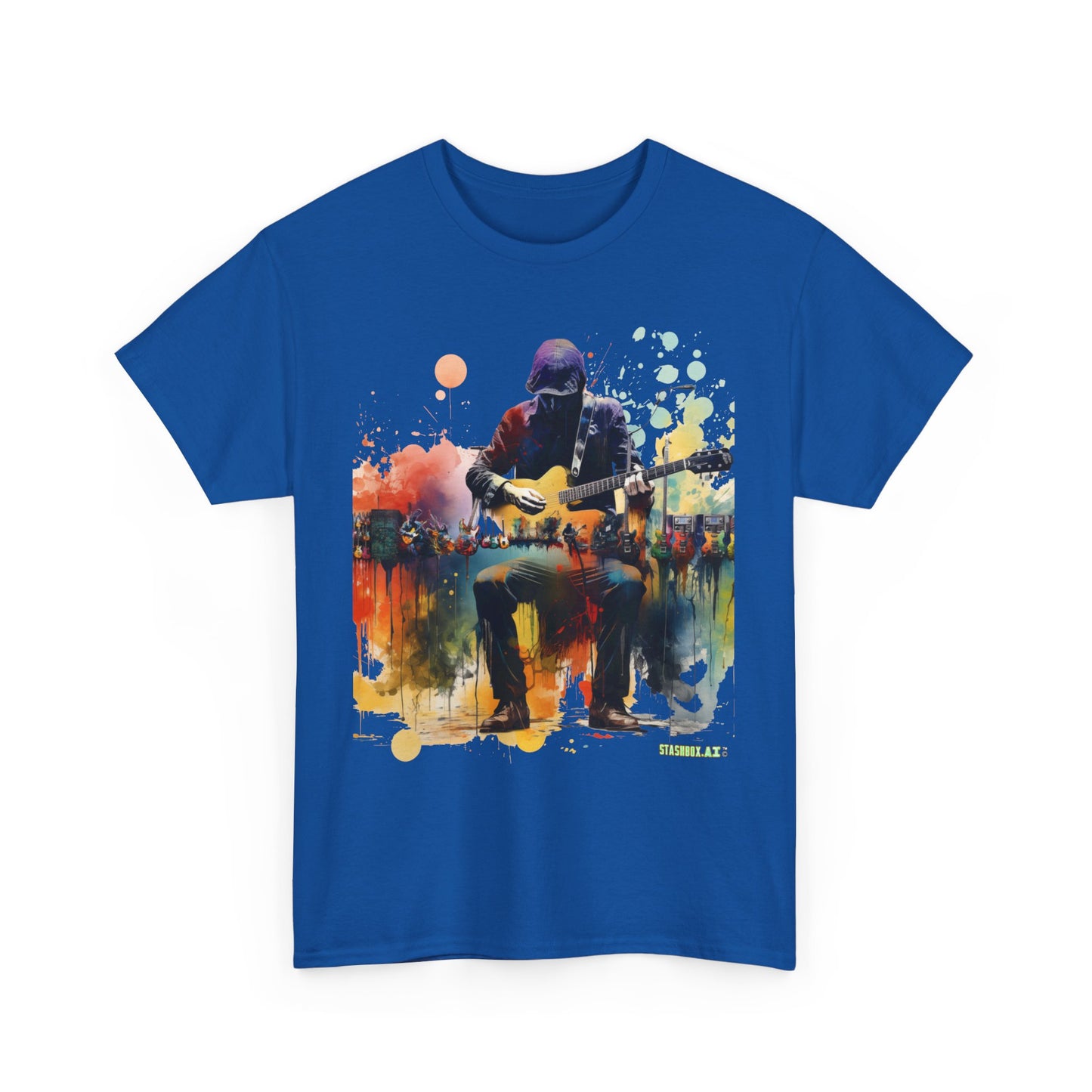 Unisex Adult Size Heavy Cotton Tshirt Colorful Guitarist and Guitars 007