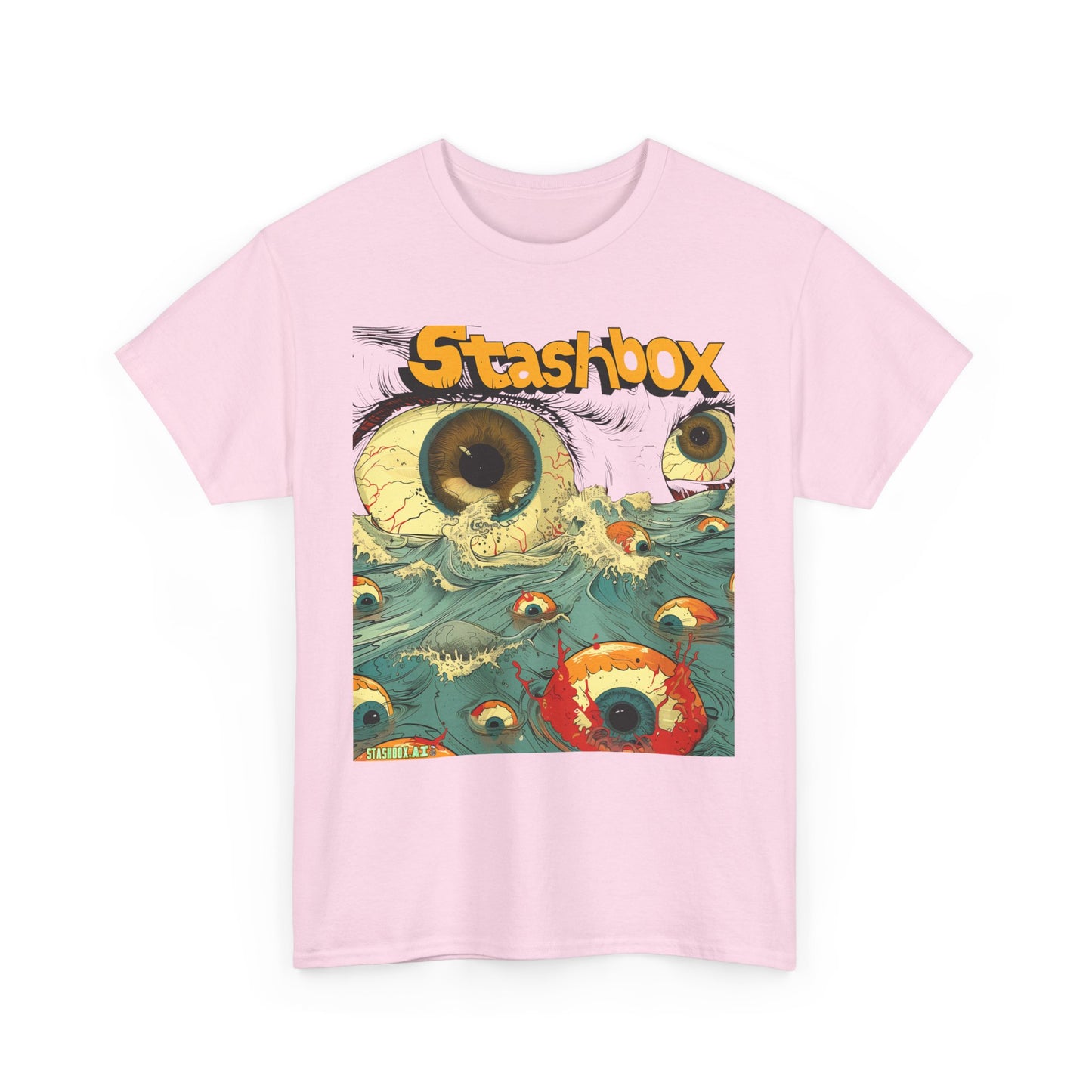 Unisex Heavy Cotton Tee Stashbox Eyeballs in Ocean Waves Design 002