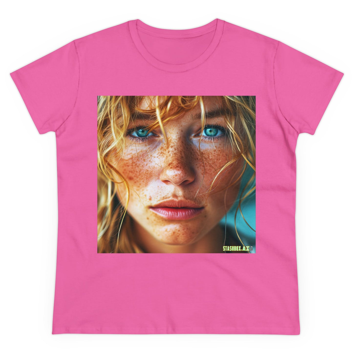 Women's Midweight Cotton Tshirt Redhead Model Beautiful Face Close Up 021