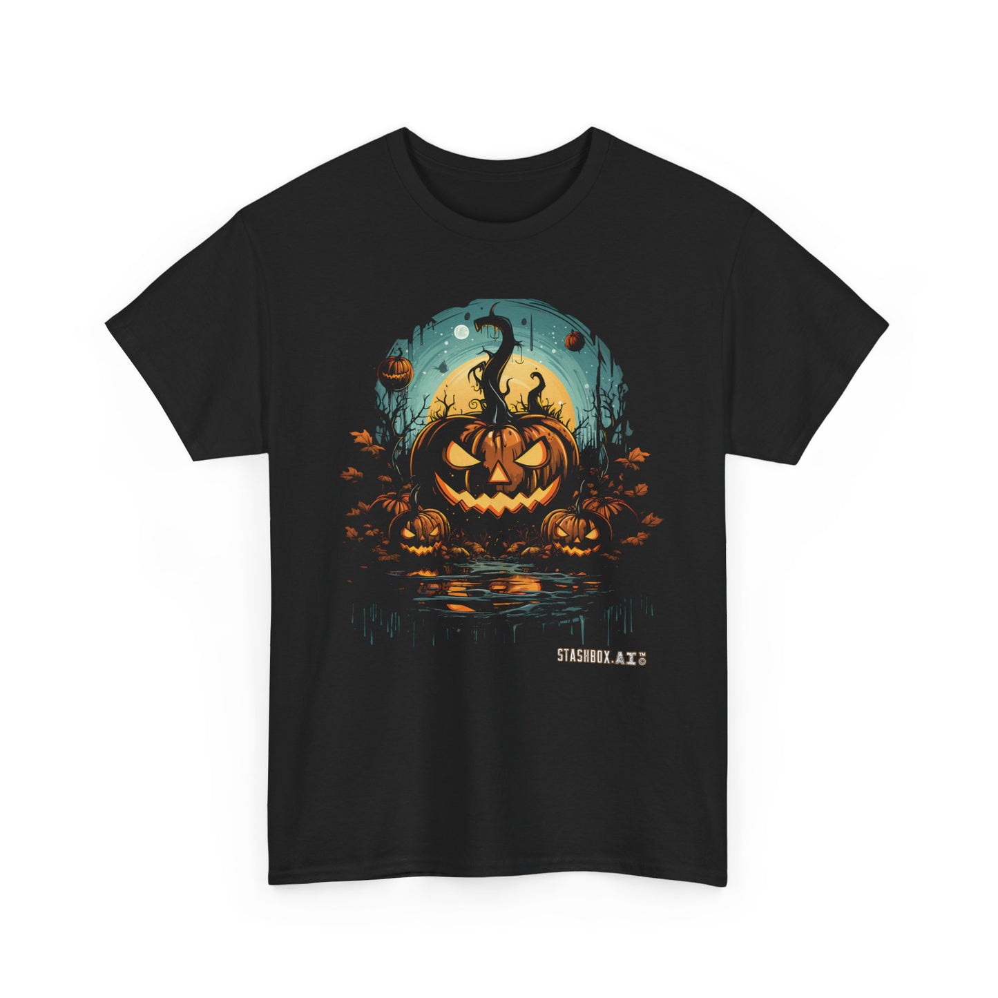 Jack O Lantern In Water Halloween Unisex Tshirt - Black Heavy Cotton Tee - Stashbox Halloween Design #003