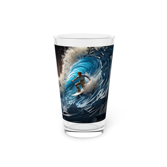 Pint Glass, 16oz Isometric Futuristic Surfing Wave 025