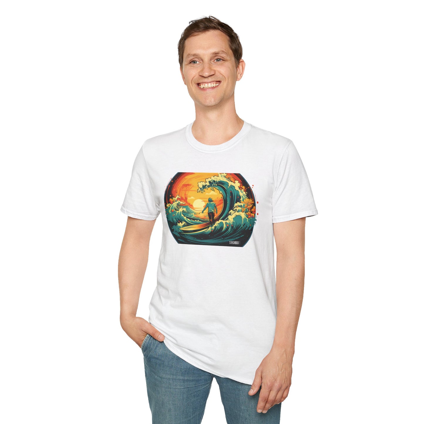 Unisex Softstyle Tshirt Surfing Colorful Wave Sunset Art 46a