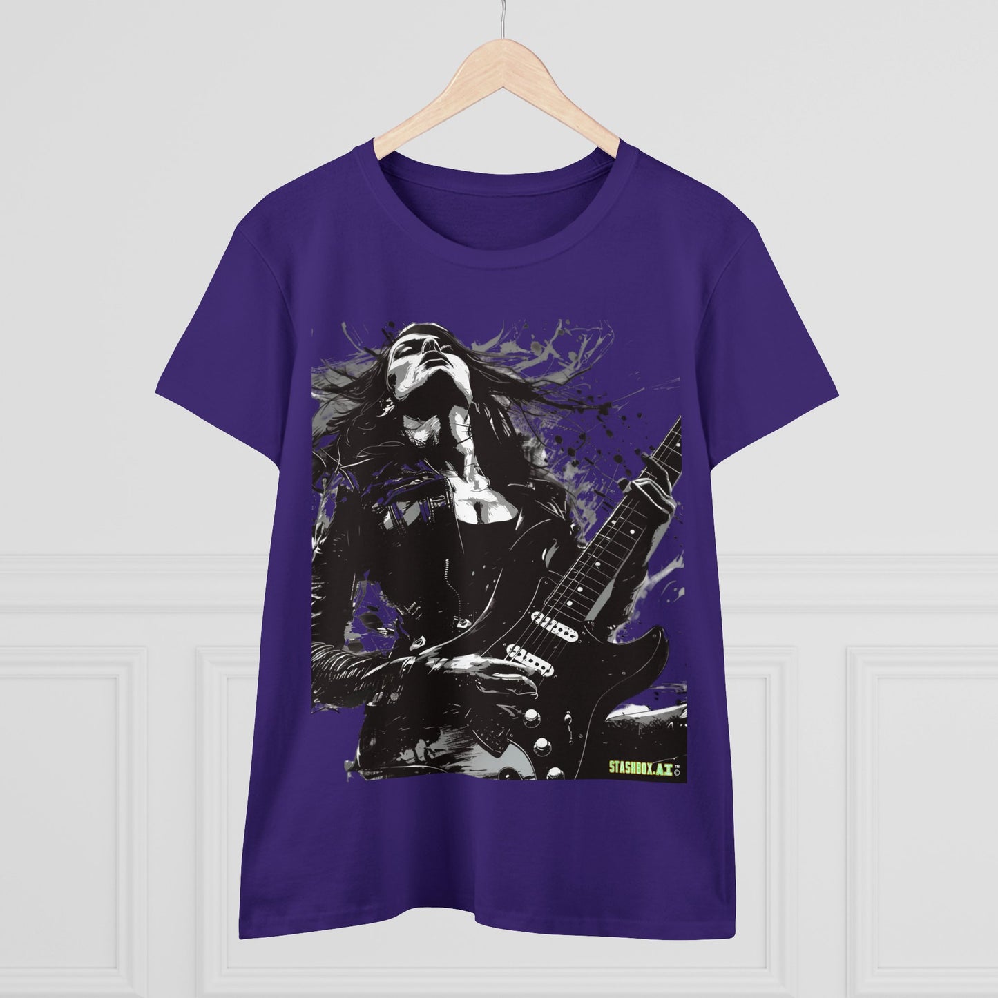 Women's Midweight Cotton Tshirt Girl Guitarist Rocking 001