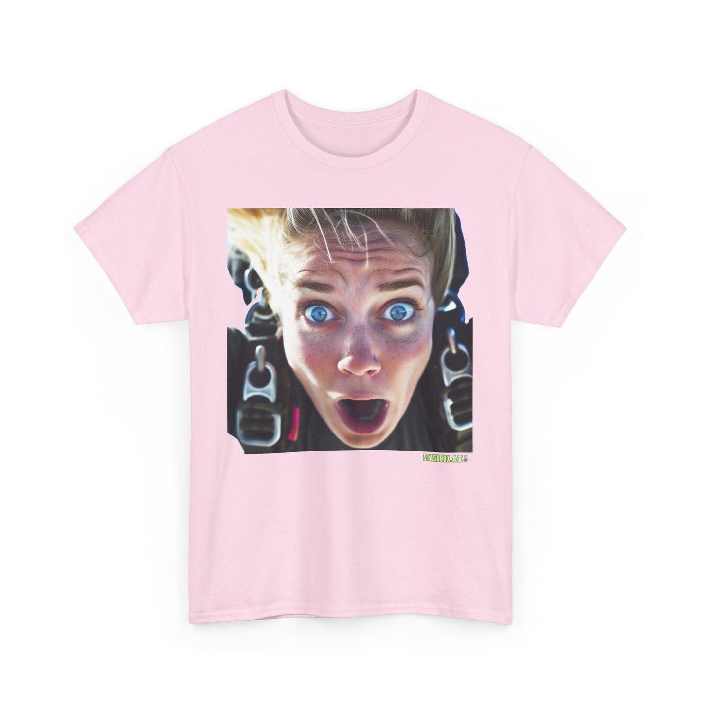 Unisex Adult Size Heavy Cotton Tshirt Beautiful Girl Mid-Skydiving terrified face - 023