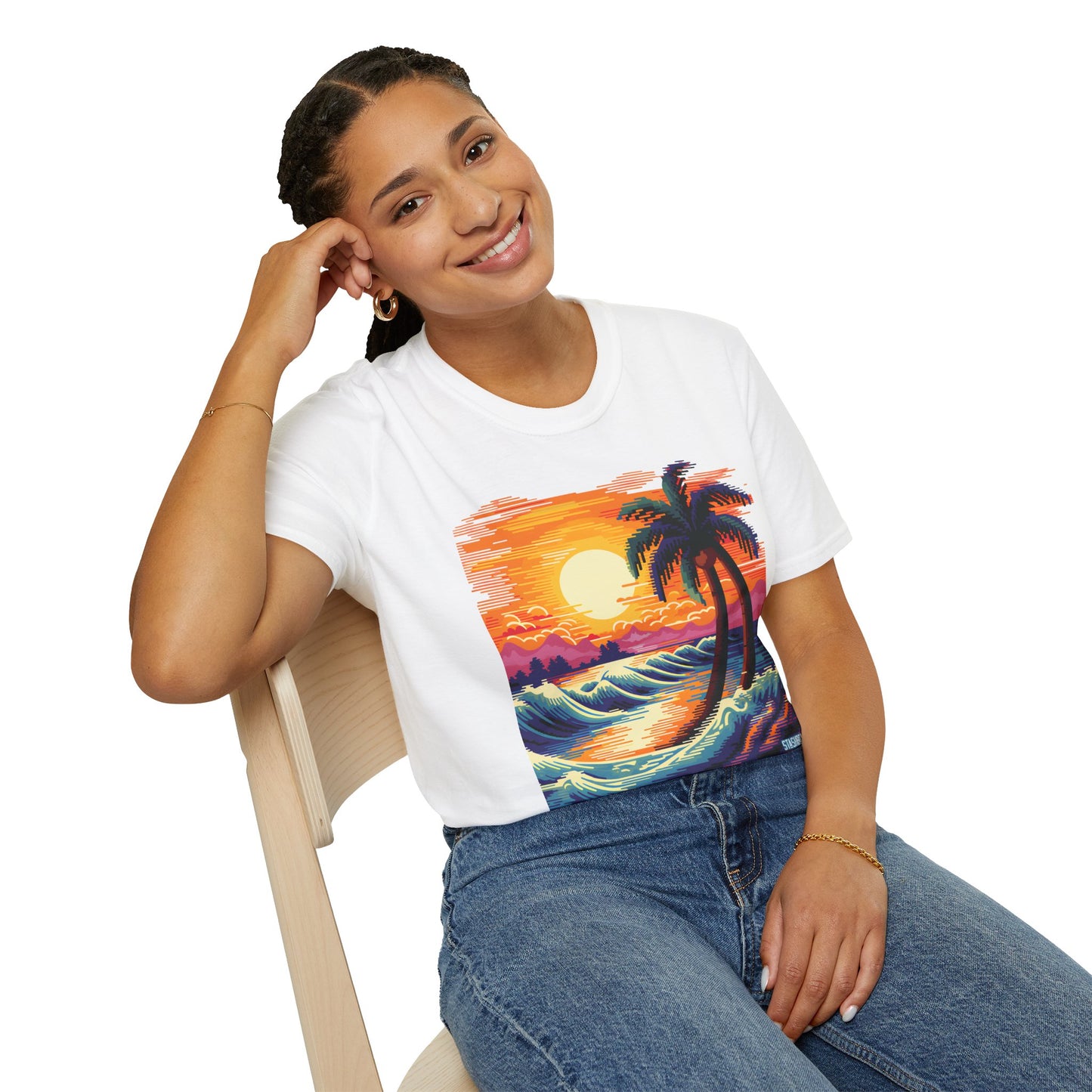 Tshirt Unisex Softstyle Psychedelic Sunset Colors, Cross Stitch Style Tropical Waves 50