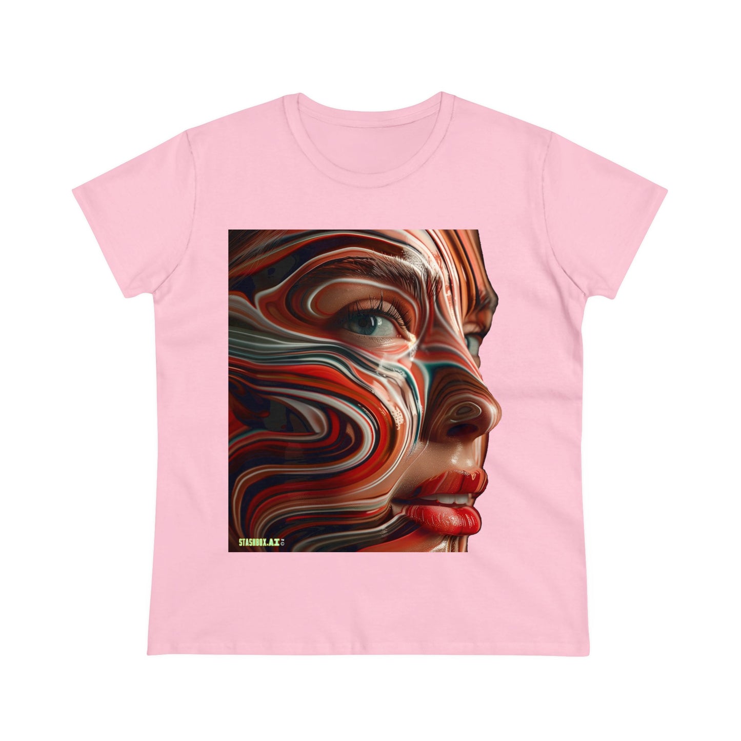 Women's Midweight Cotton Tee Pretty Model Red Swirl Face Paint 025