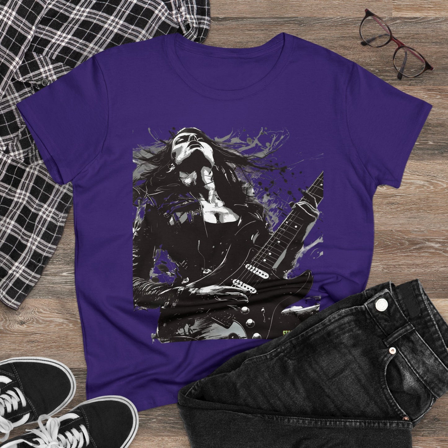 Women's Midweight Cotton Tshirt Girl Guitarist Rocking 001