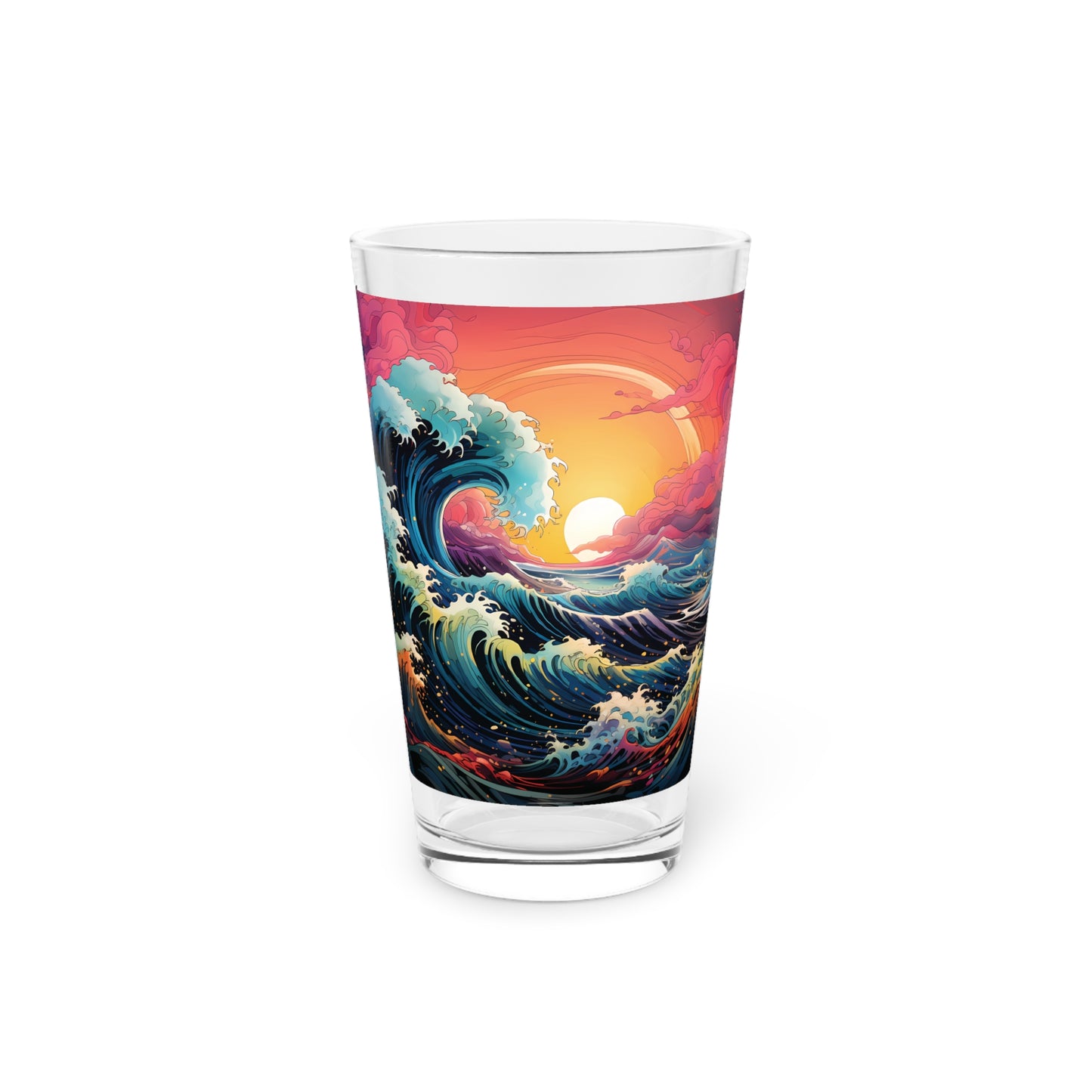 Dive into the rhythm of the ocean with our Colorful Waves Pint Glass, 16oz. Waves Design #010. Your drink, your waves, exclusively at Stashbox.ai.
