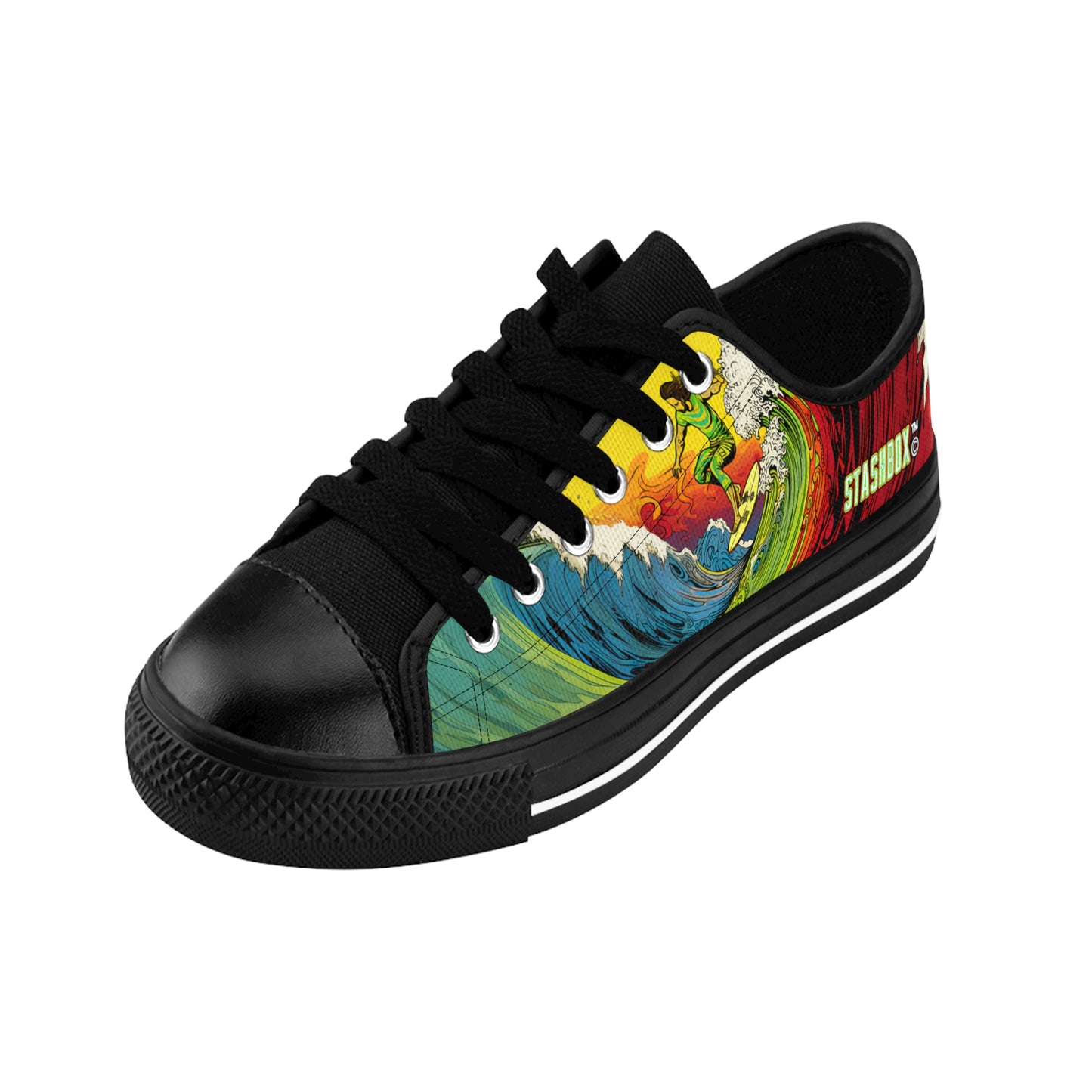 Elevate your footwear game with our Surfing Wave Green Yellow Red Custom Men's Sneakers. Designed exclusively by Stashbox.ai, these sneakers are a fusion of style and quality. Experience fashion in every step!