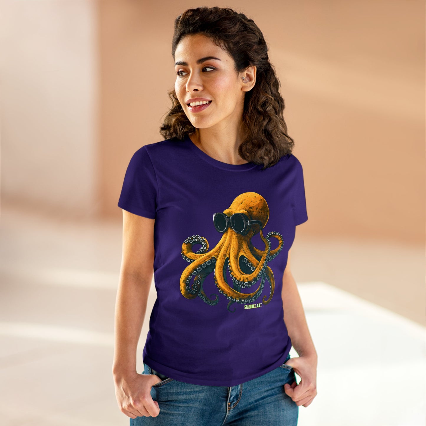 Women's Midweight Cotton Tshirt Yellow Octopus wearing goggles 001