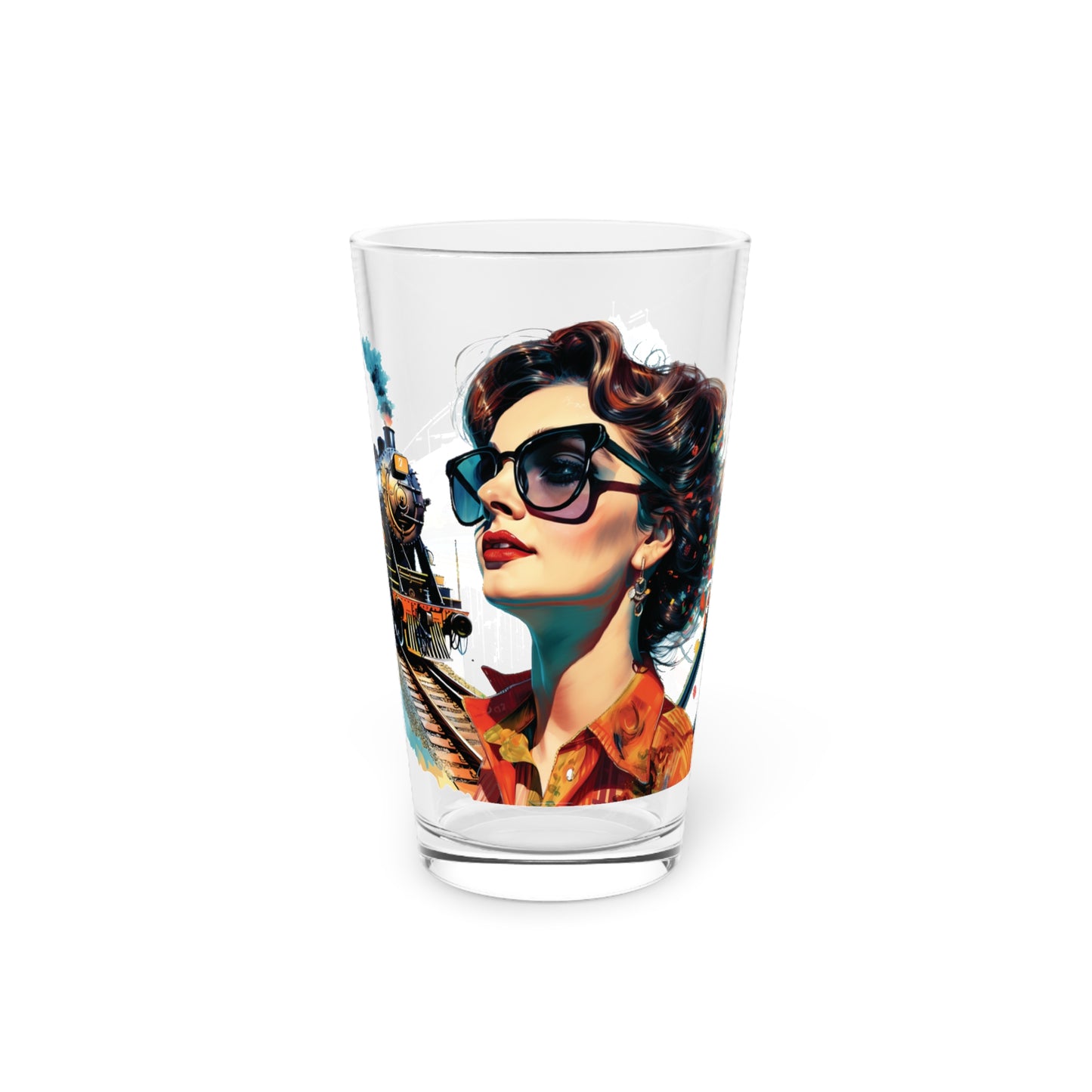 Experience the magic of a colorful voyage with our Woman and Train Pint Glass. The fusion of bold hues and detailed imagery makes this glass a captivating addition to your collection. #TravelArt #StashboxGlassware