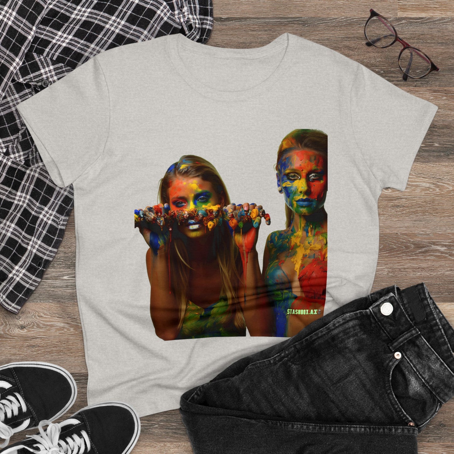 Women's Midweight Cotton Tshirt Two Beautiful Models Covered in Rainbow Paint 023