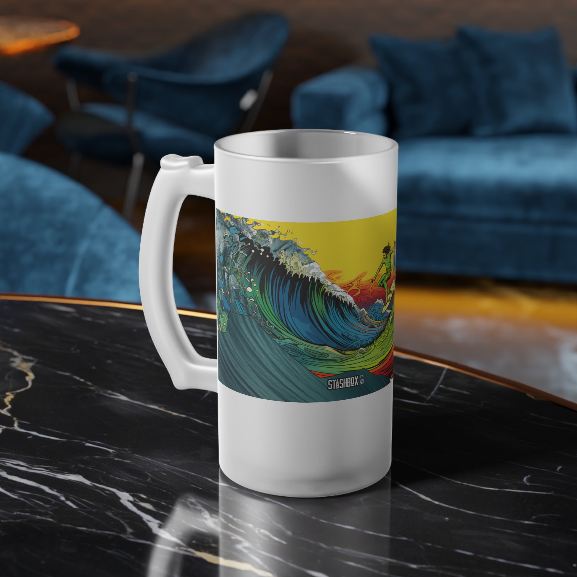 Dive into fantasy with our Mixed Media Surfer Frosted Glass Beer Mug, Design #063. Your beer mug, your gateway to psychedelic waves, exclusively at Stashbox.ai