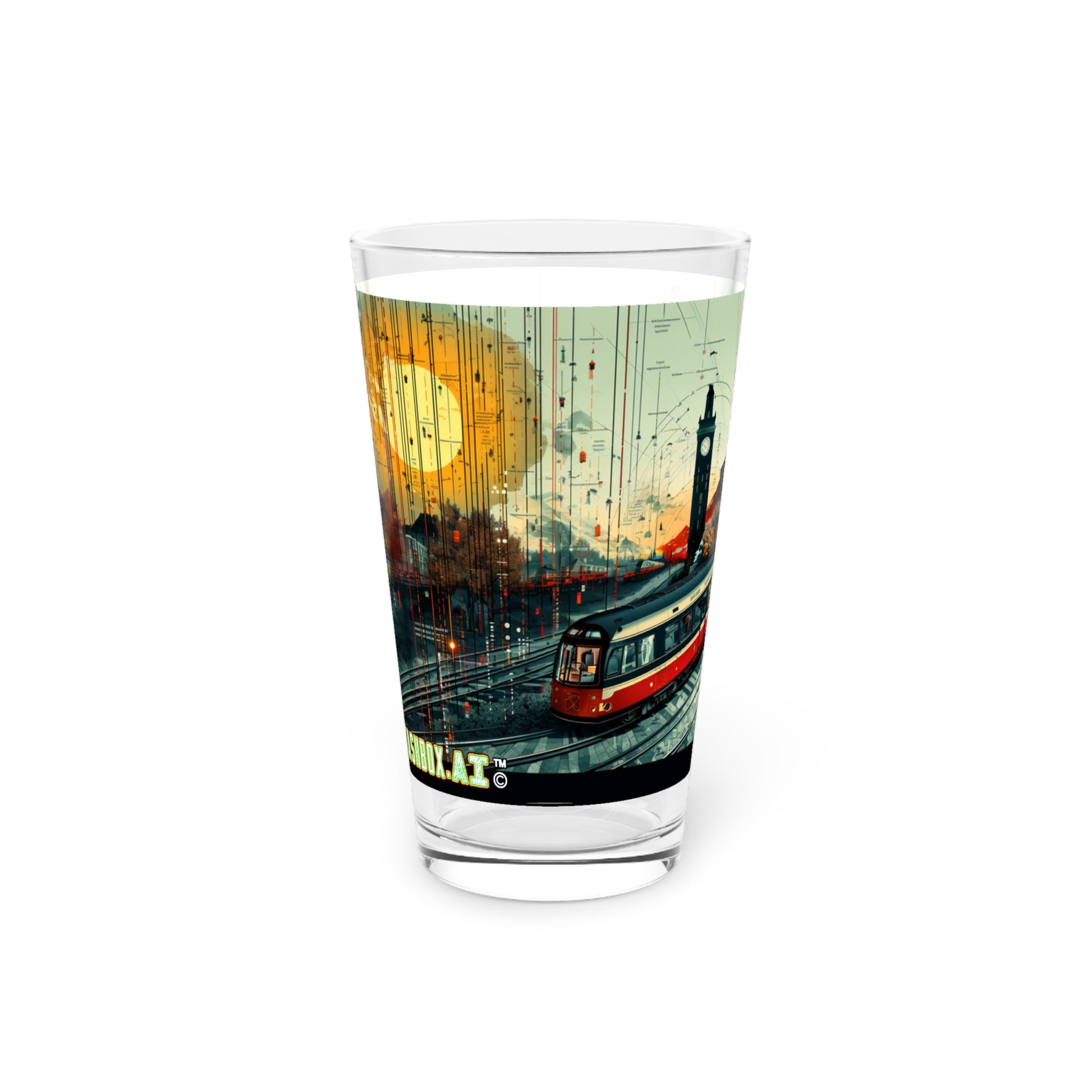 Unique 16oz Glass with Meandering Bauhaus Train Artwork