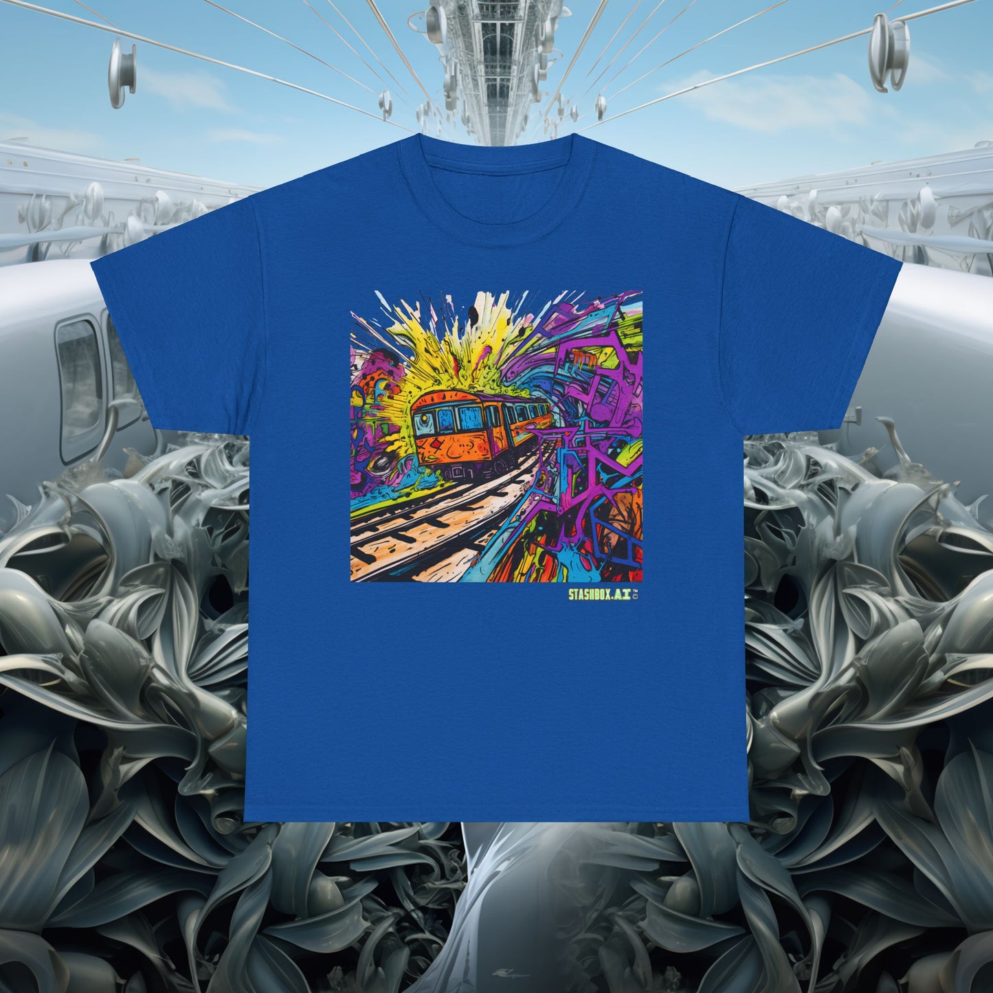 Insane Vibrant Color Train Roaring Down Track -  Unisex Heavy Cotton Tee - Stashbox Train Design 018