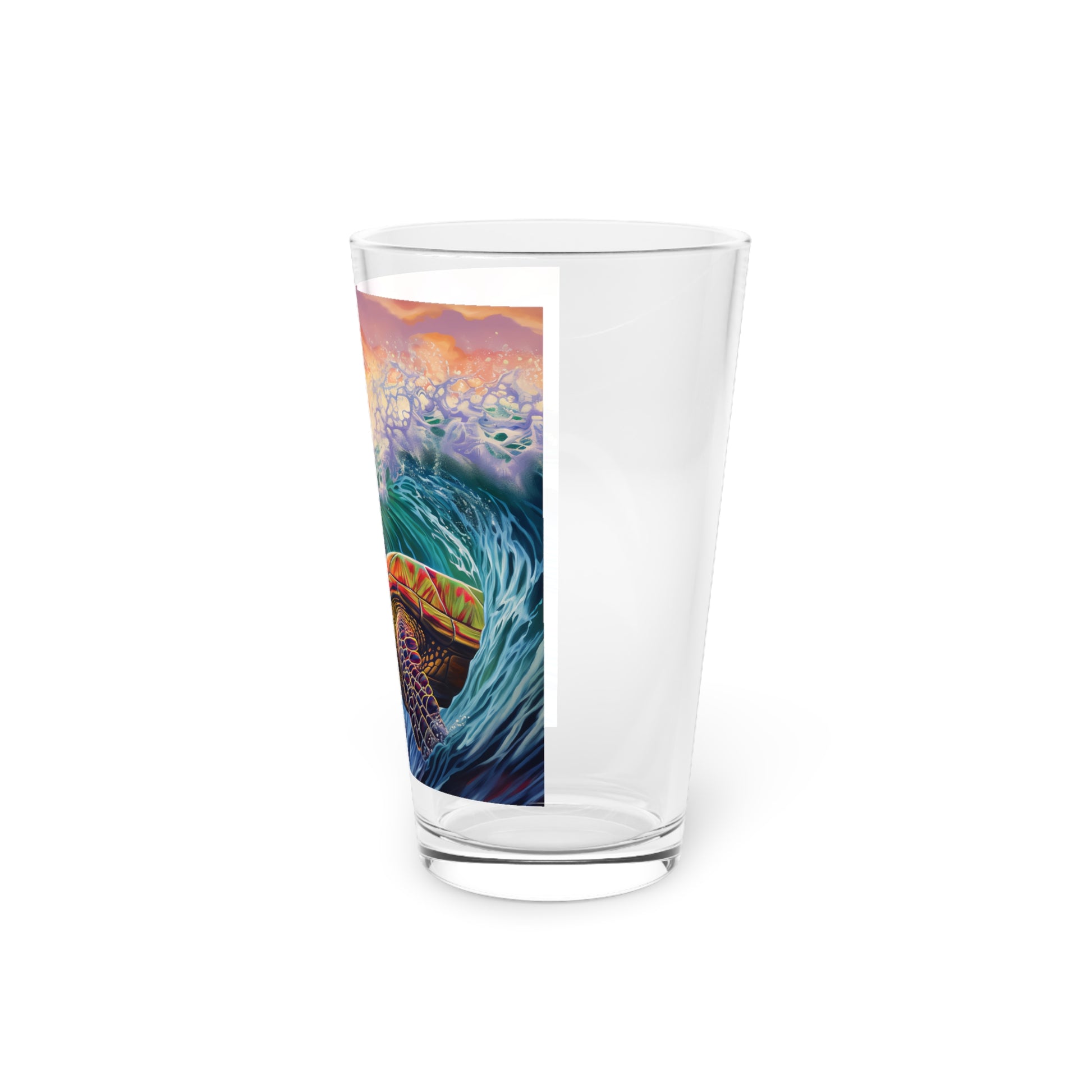 Experience the allure of Hawaiian waters with our Turtle Surfing Waves Pint Glass. Waves Design #009 graces this 16oz glass, exclusively crafted by Stashbox, capturing the grace of turtles riding the vibrant waves.