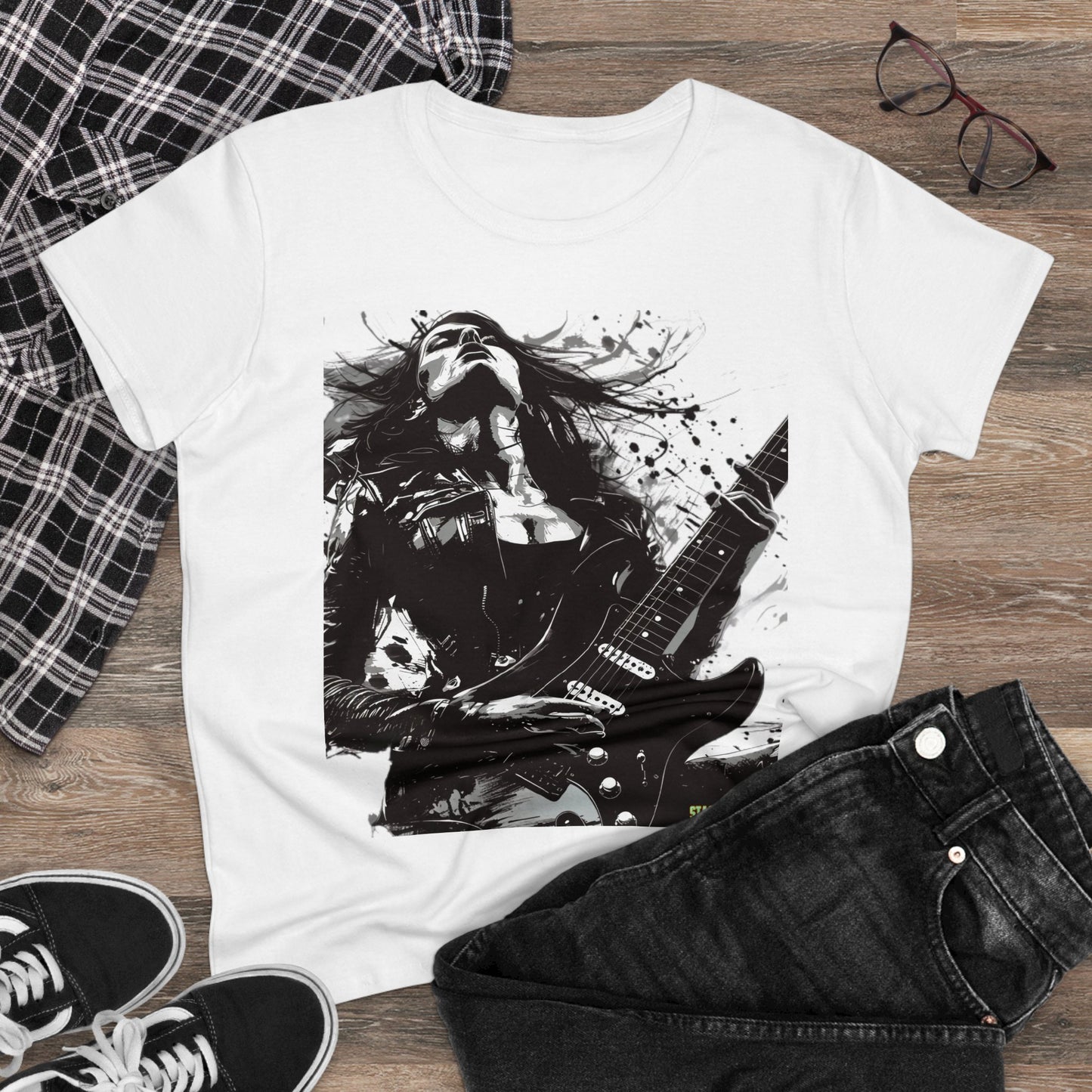 Women's Midweight Cotton Tshirt Girl Guitarist Rocking 001