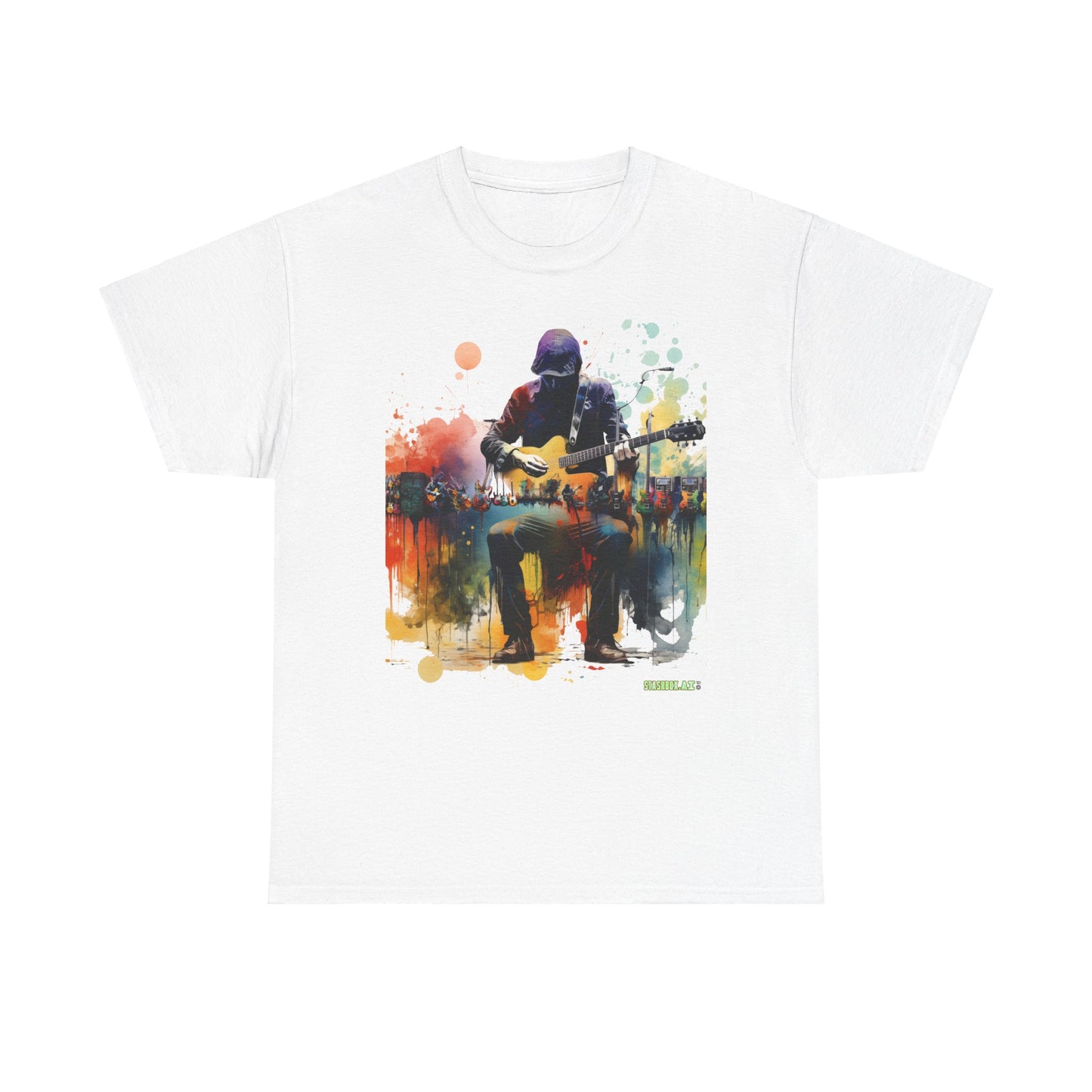 Unisex Adult Size Heavy Cotton Tshirt Colorful Guitarist and Guitars 007