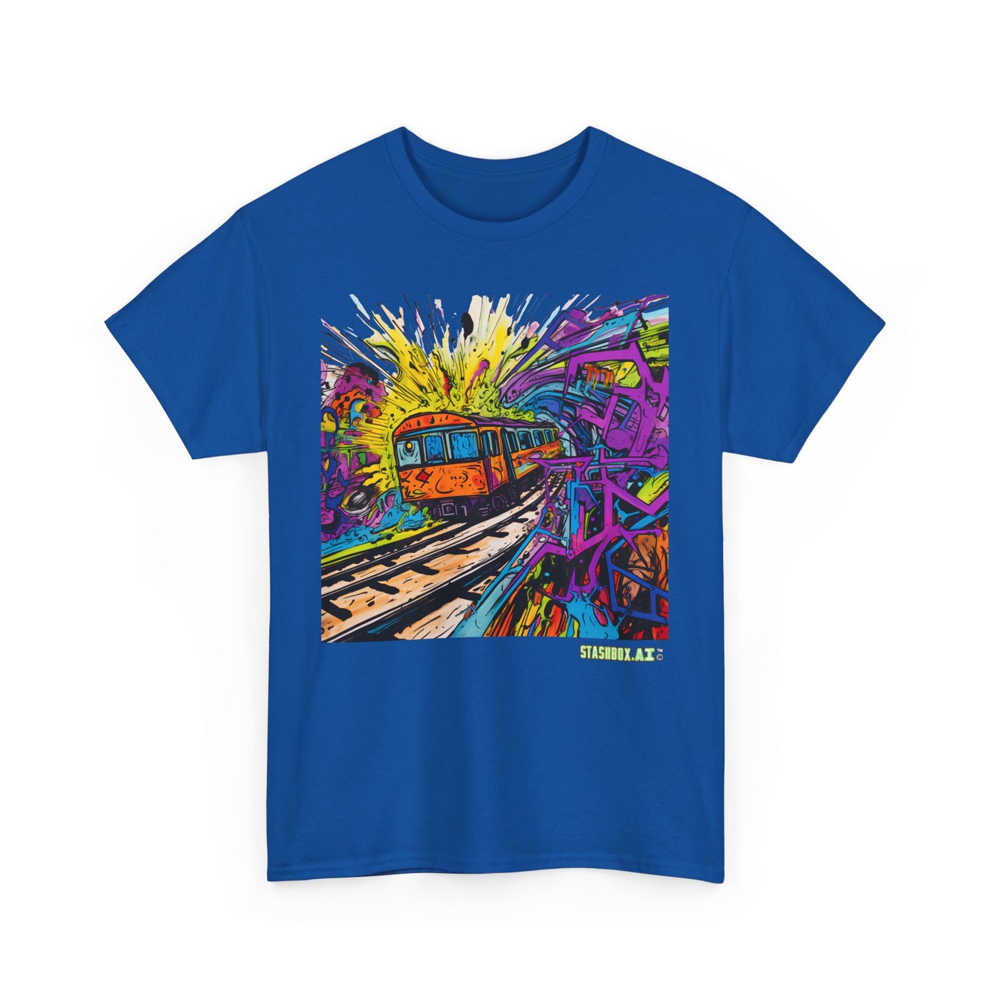 Insane Vibrant Color Train Roaring Down Track -  Unisex Heavy Cotton Tee - Stashbox Train Design 018