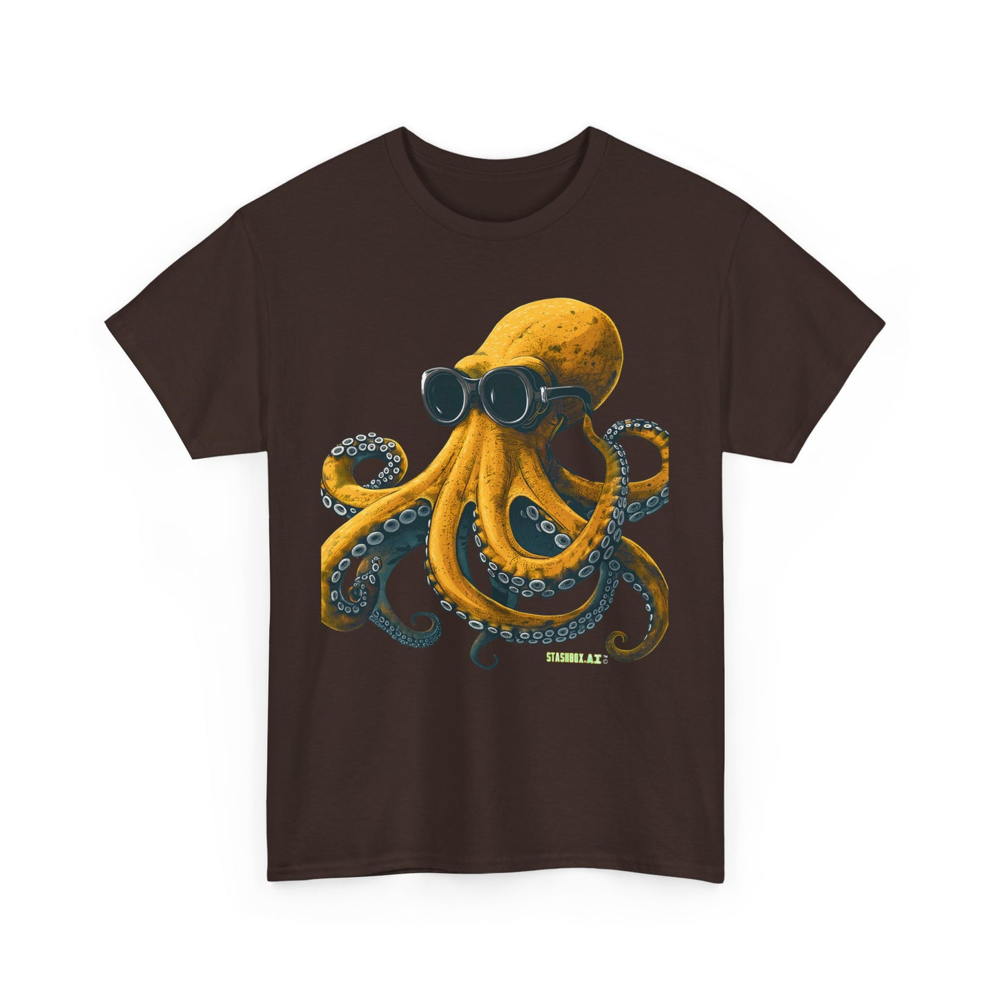 Unisex Adult Size Heavy Cotton Tshirt Drawn Yellow Octopus 001