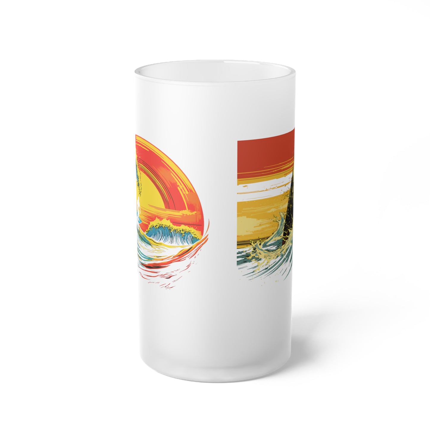 Frosted Glass Beer Mug - Classic Surreal Surfing, 2 Designs on 1 - Waves 066