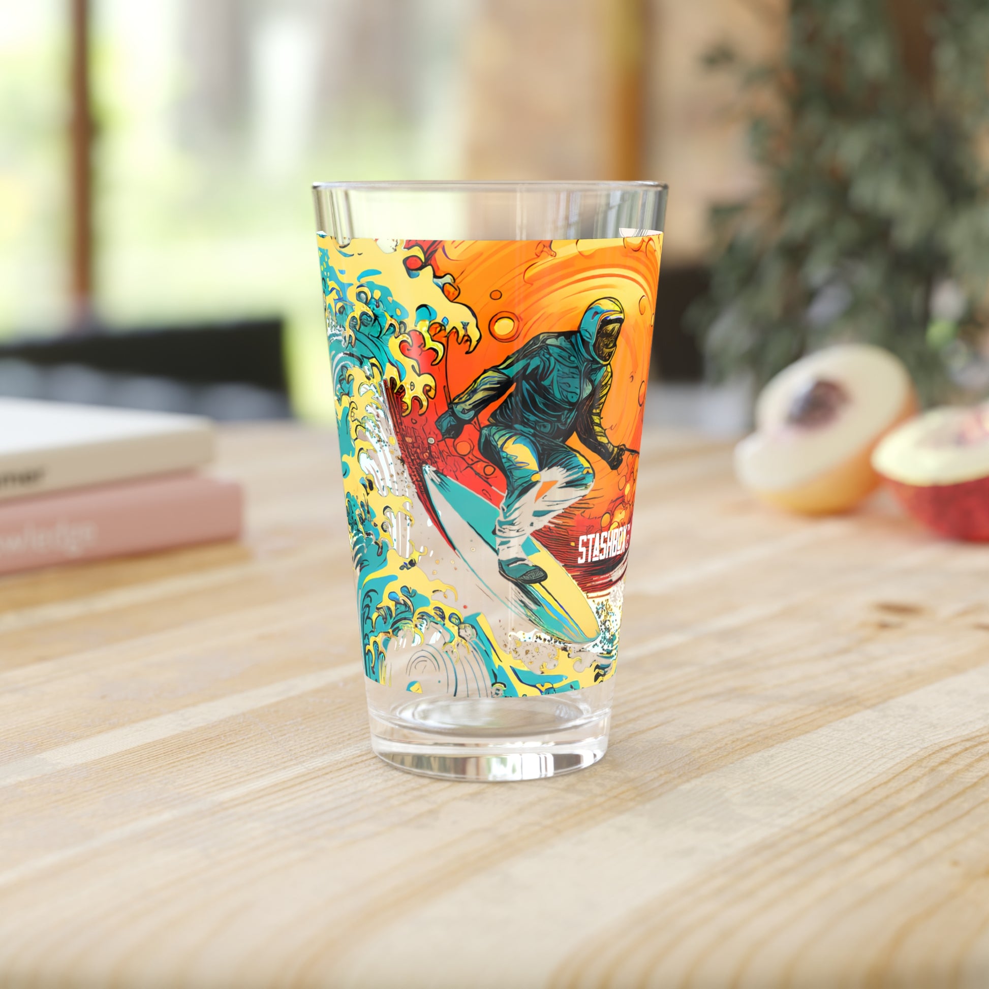 Experience the thrill of surfing the stars with our Surfing Astronaut Space Wave Pint Glass. Waves Design #067 captures the essence of space adventure and ocean waves.